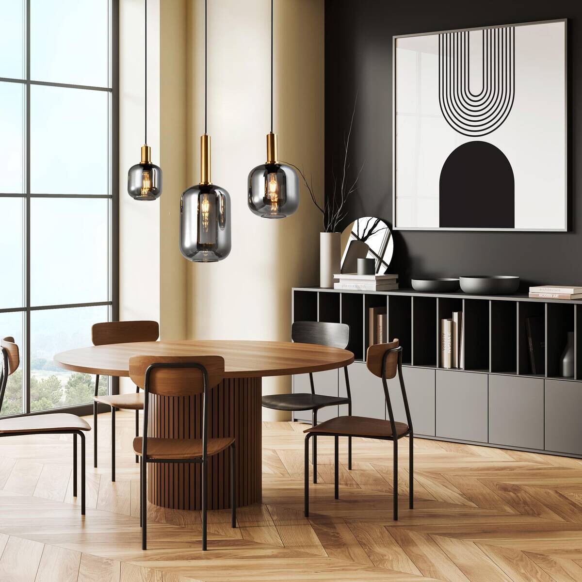 Näve Leuchten Pendelleuchte 7096422 schwarz Metall Glas B/H/T: ca. 82x150x22 cm E27 3 Brennstellen