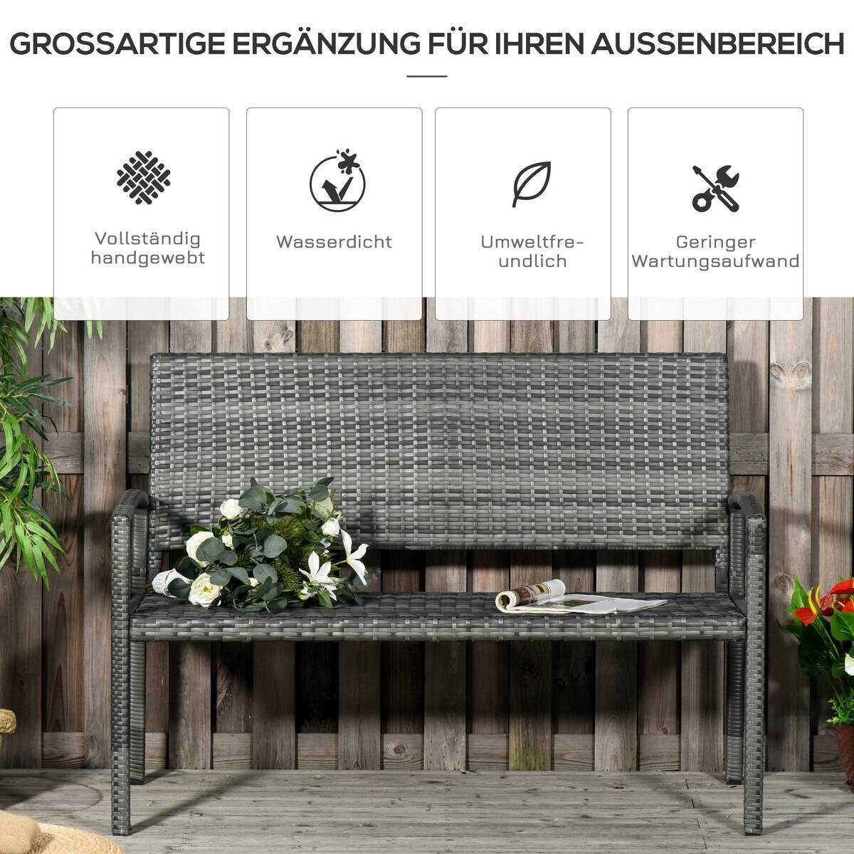 Outsunny Gartenbank grau Polyrattan B/H/L: ca. 60x122x85 cm