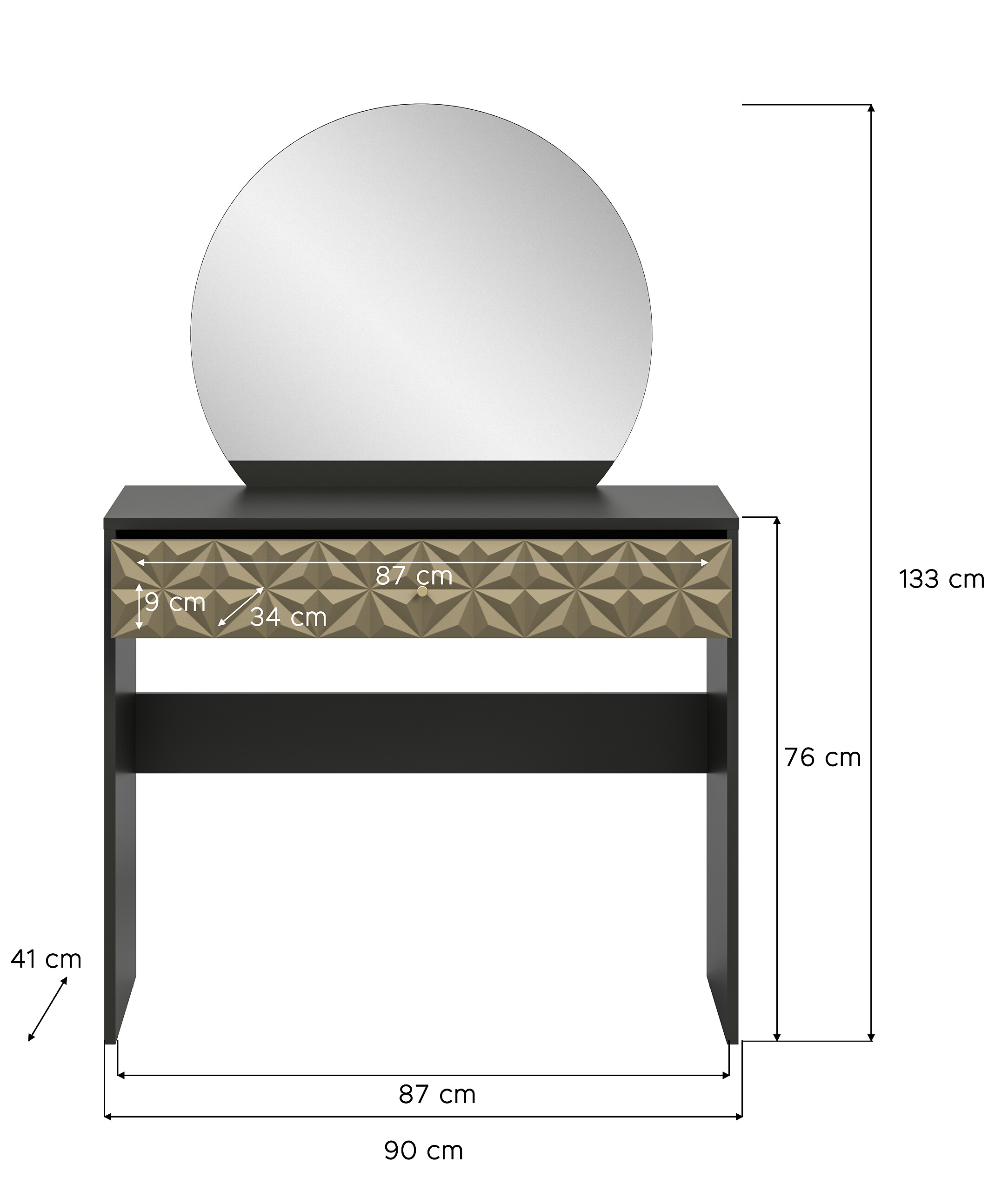 Schminktisch PRISMA schwarz gold Hochglanz Optik B/H/T: ca. 90x133x39 cm