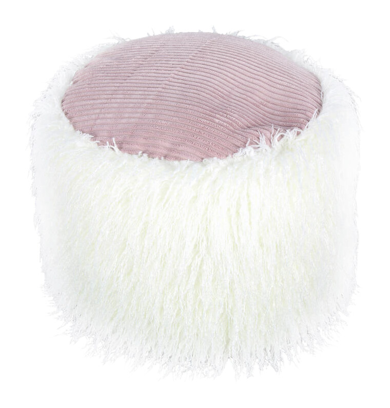 360 Living Hocker Bobtail 100 weiß pink Kord Kunstfell Styropor H/D: ca. 38x45 cm