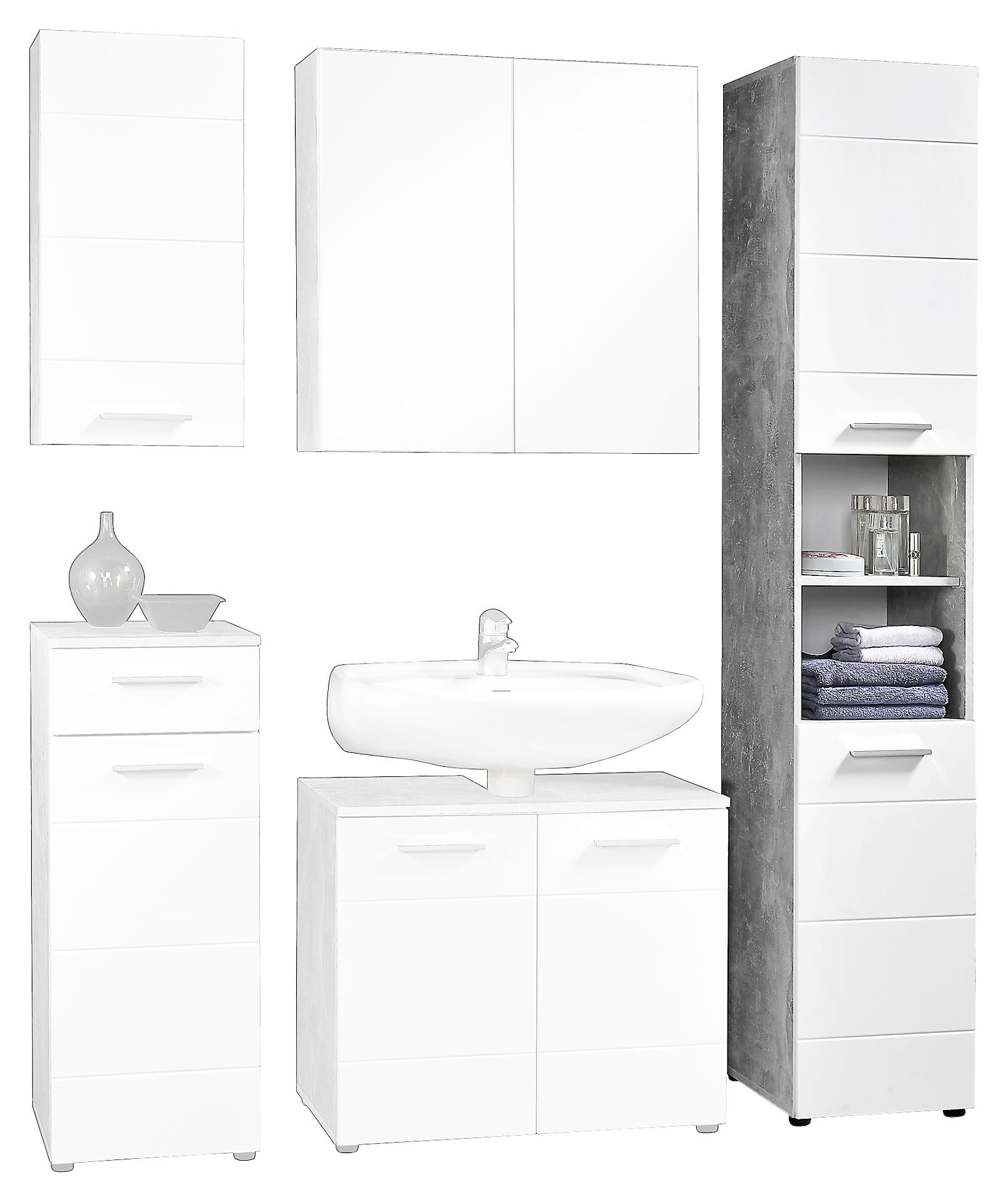 Badhochschrank Stockholm Beton Optik weiß Hochglanz B/H/T: ca. 35x191x35 cm