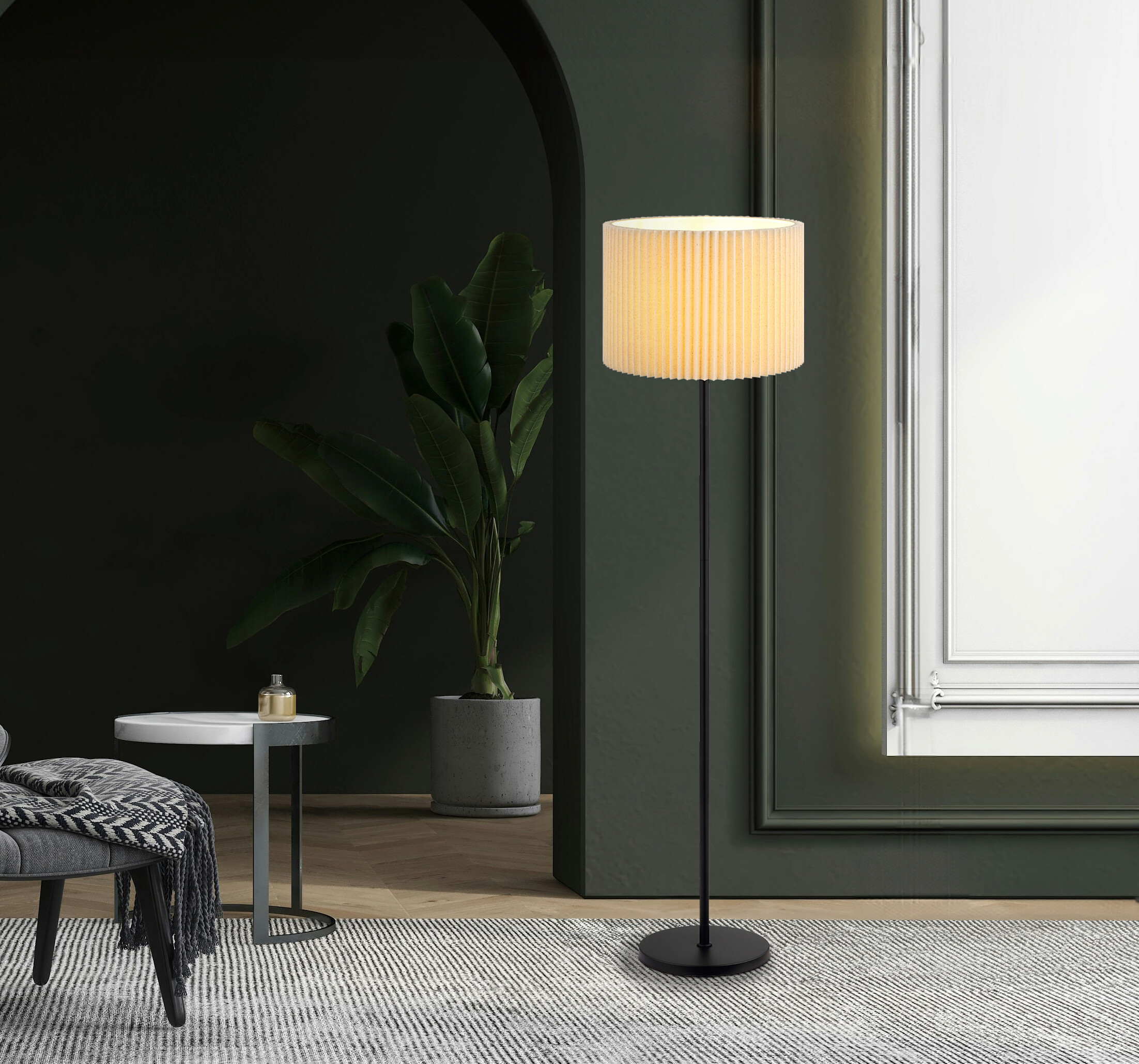 GLOBO Stehleuchte natur mattschwarz Metall Textil H/D: ca. 152x38 cm E27 1 Brennstellen