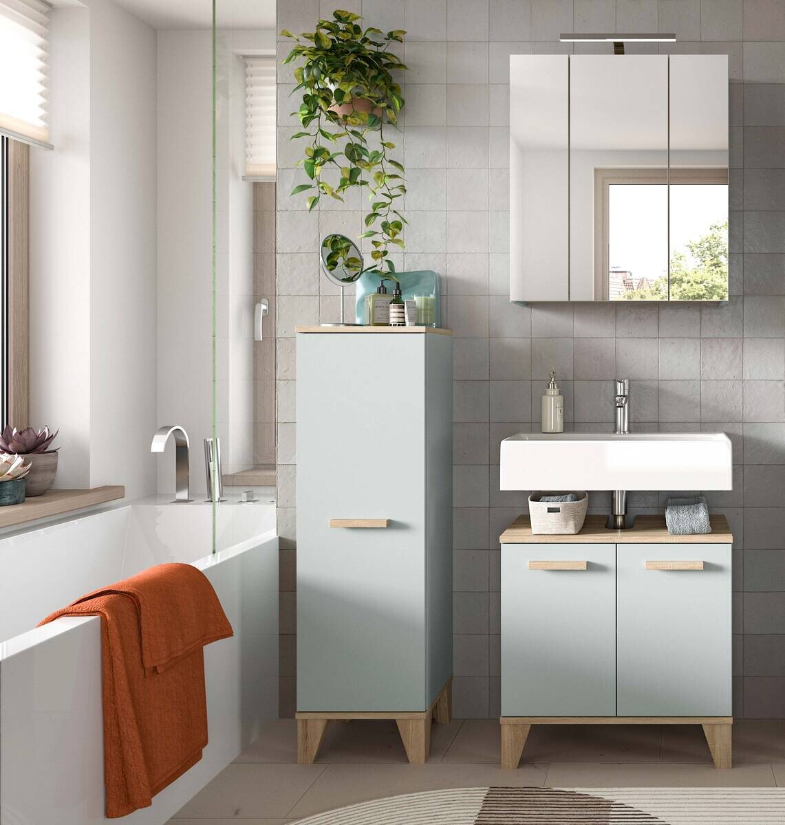 Badezimmer-Set STAR hellgrün Eiche hell Nachbildung B/H/T: ca. 109x190x34 cm