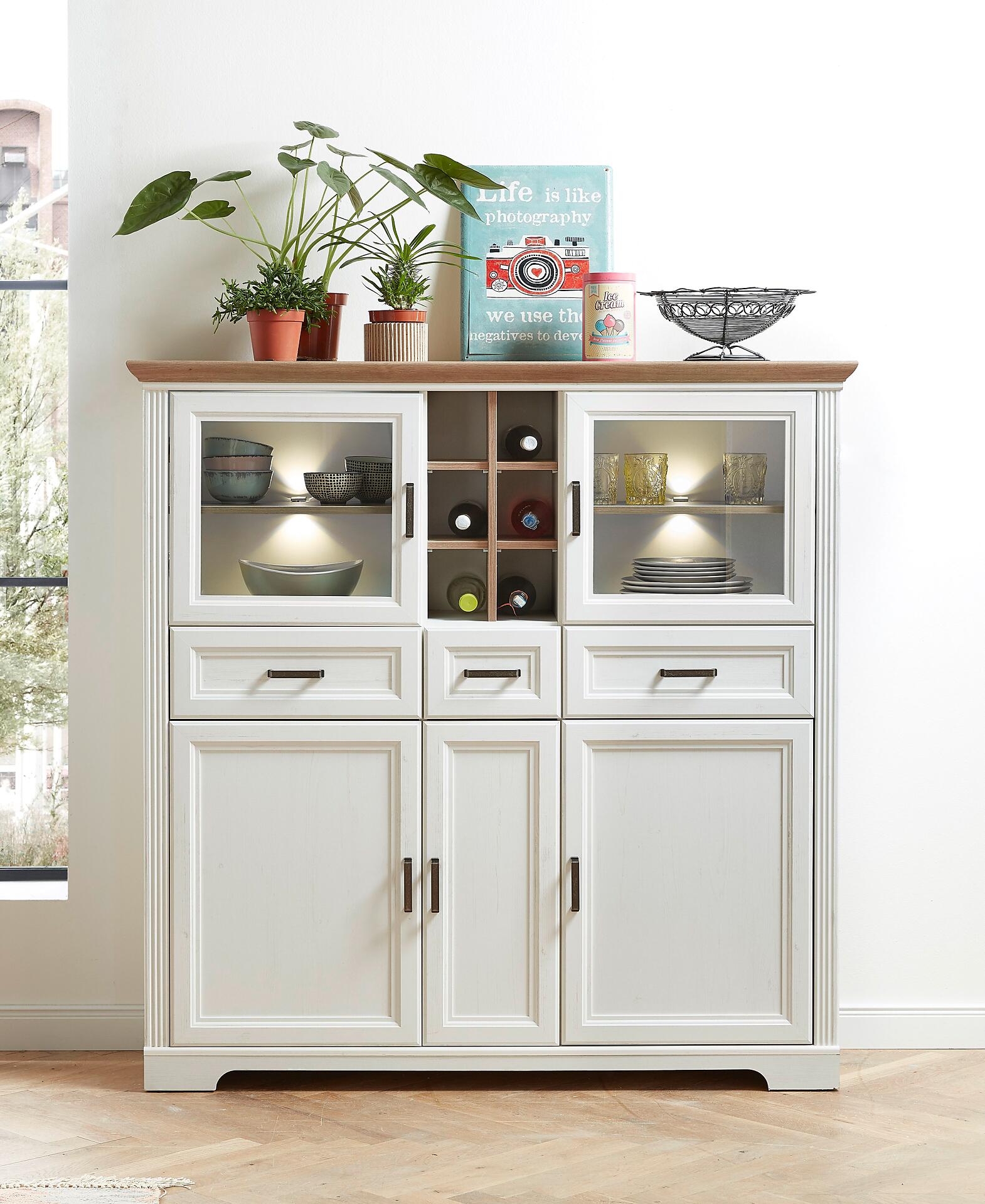 Highboard Jasmin weiß Pinie Nachbildung Eiche Artisan Nachbildung B/H/T: ca. 143x150x42 cm