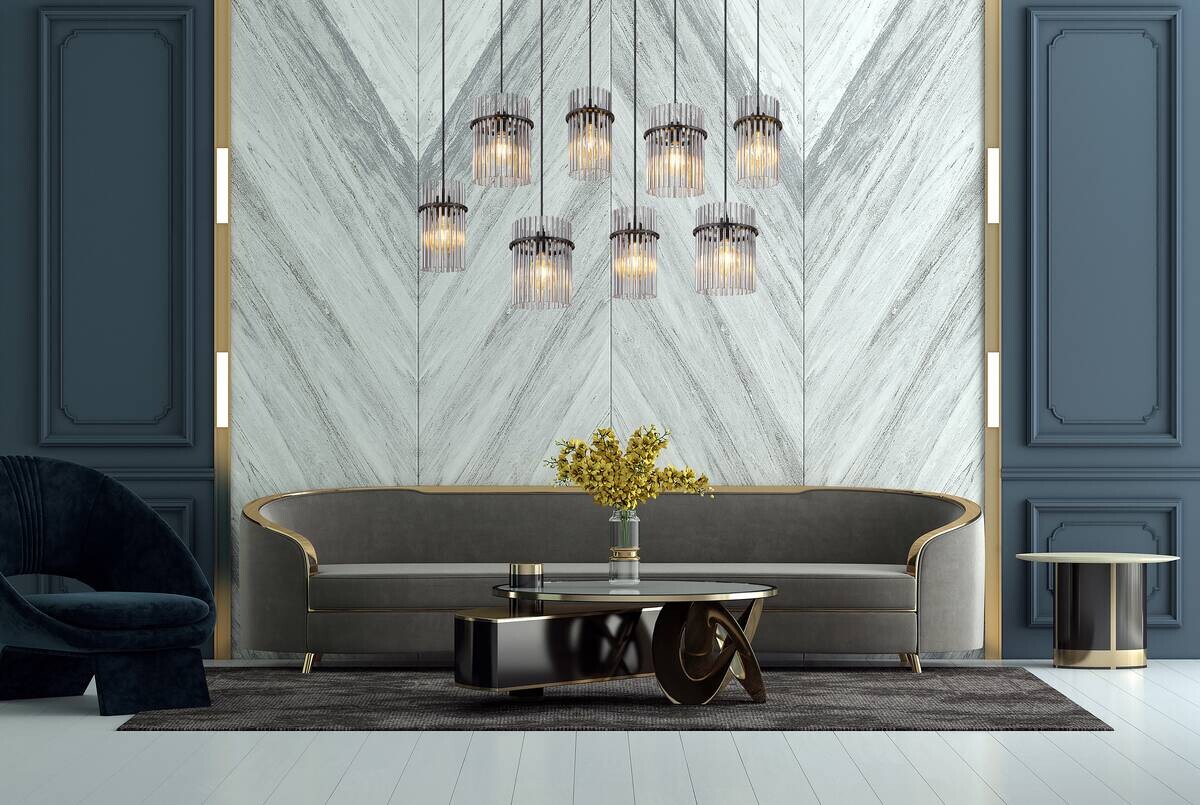 GLOBO Pendelleuchte mattschwarz schwarz Rauch Metall Glas B/H: ca. 110x125 cm E27 8 Brennstellen