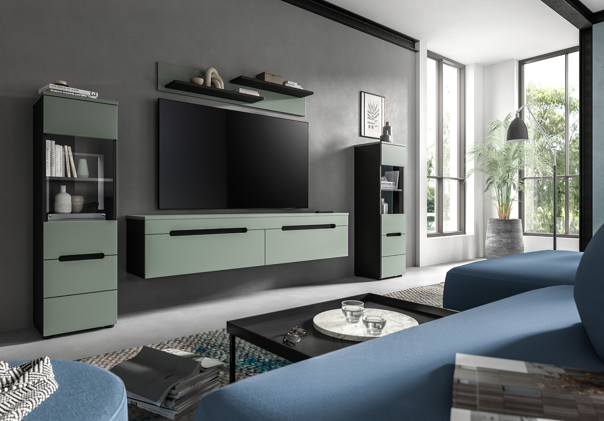 Wohnwand Canu grün basaltgrau Nachbildung B/H/T: ca. 272x141x33 cm Wohnwand Canu grün basaltgrau Nachbildung B/H/T: ca. 272x141x33 cm