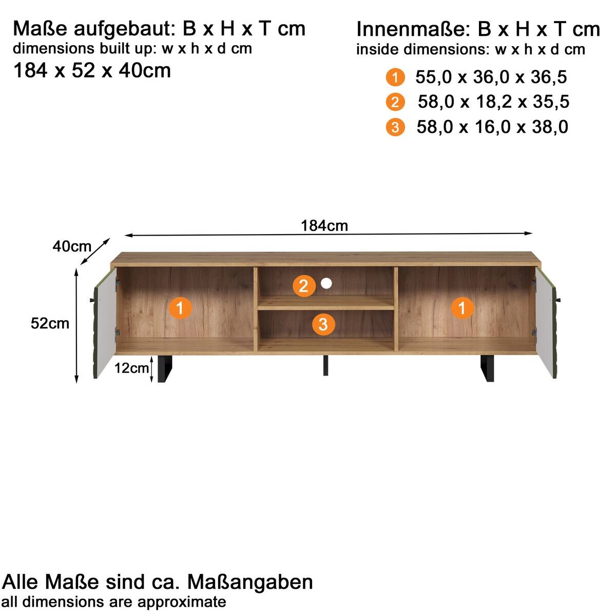 TV-Lowboard Sentra Eiche Artisan Nachbildung grün dunkel B/H/T: ca. 184x52x40 cm