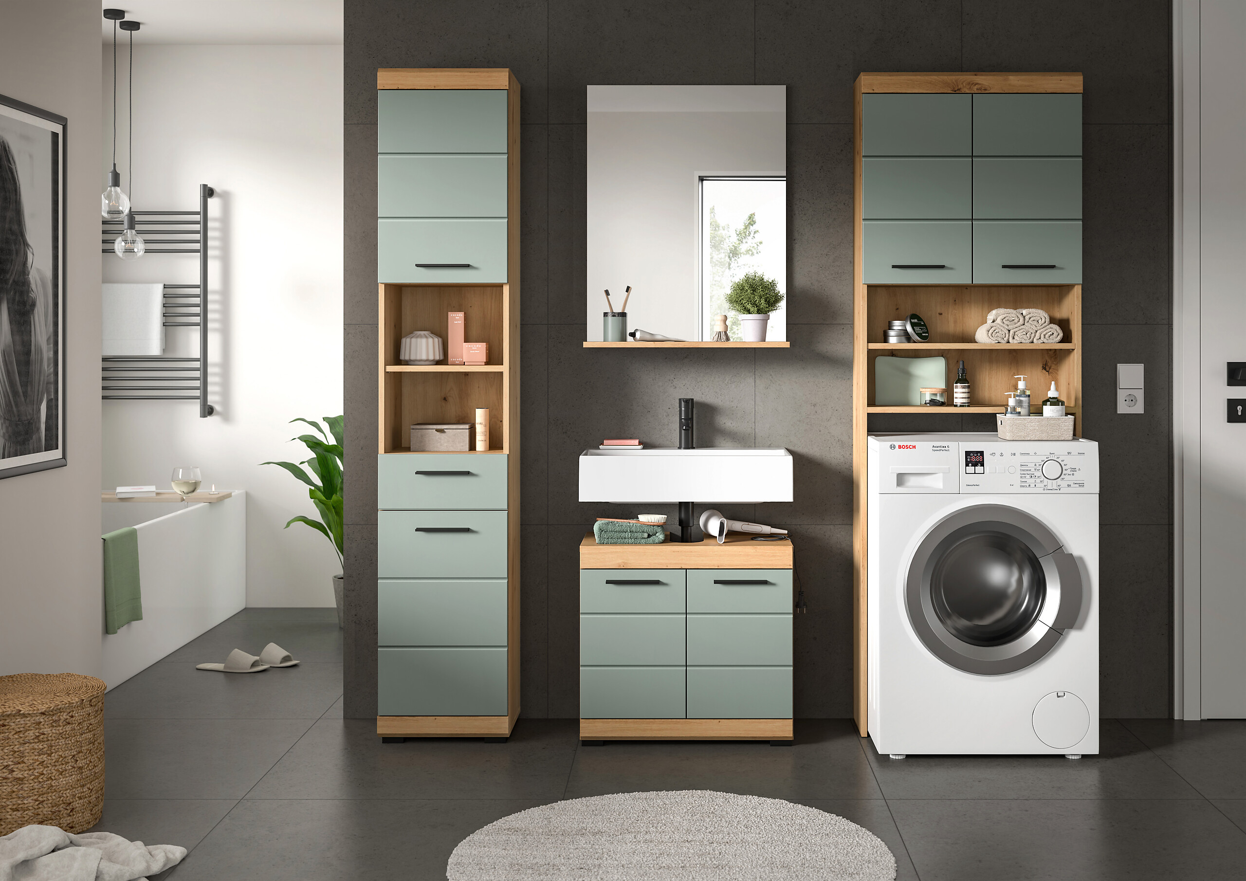 Badezimmer-Set Scout Eiche Artisan Nachbildung salbei Nachbildung B/H/T: ca. 190x191x34 cm