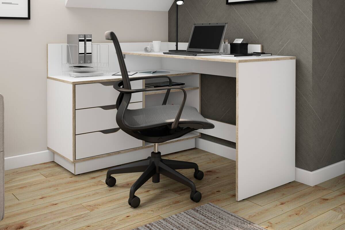 Schreibtisch BELFAST weiß Eiche Sonoma Nachbildung B/H/T: ca. 129x83,5x105 cm Schreibtisch BELFAST weiß Eiche Sonoma Nachbildung B/H/T: ca. 129x83,5x105 cm