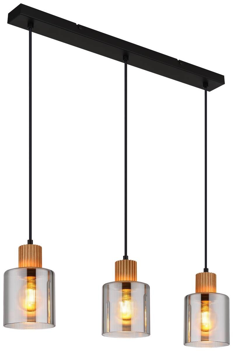 GLOBO Pendelleuchte Rauch schwarz dunkelbraun Glas Metall Holz B/H/L: ca. 12x120x64 cm E27 3 Brennstellen