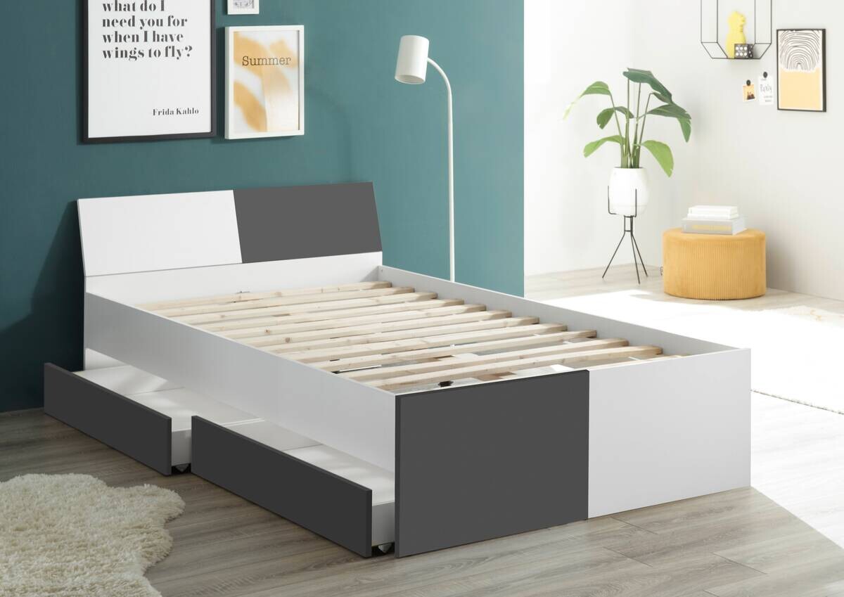 Jugendbett Alex weiß Graphit B/H/T: ca. 124x73x204 cm Liegefläche B/L: ca. 120x200 cm