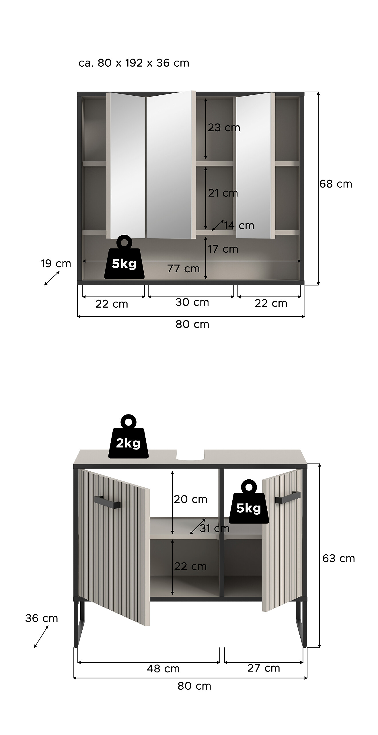 Badezimmer-Set BAGNO schwarz Kaschmirgrau Nachbildung B/H/T: ca. 80x192x36 cm