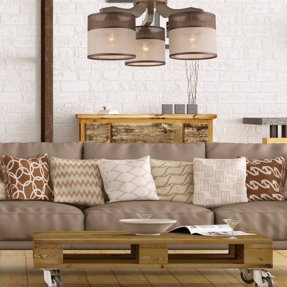 Lamkur Deckenleuchte Andrea natur Holz Stoff Stahl H/L: ca. 23x40 cm E27 3 Brennstellen