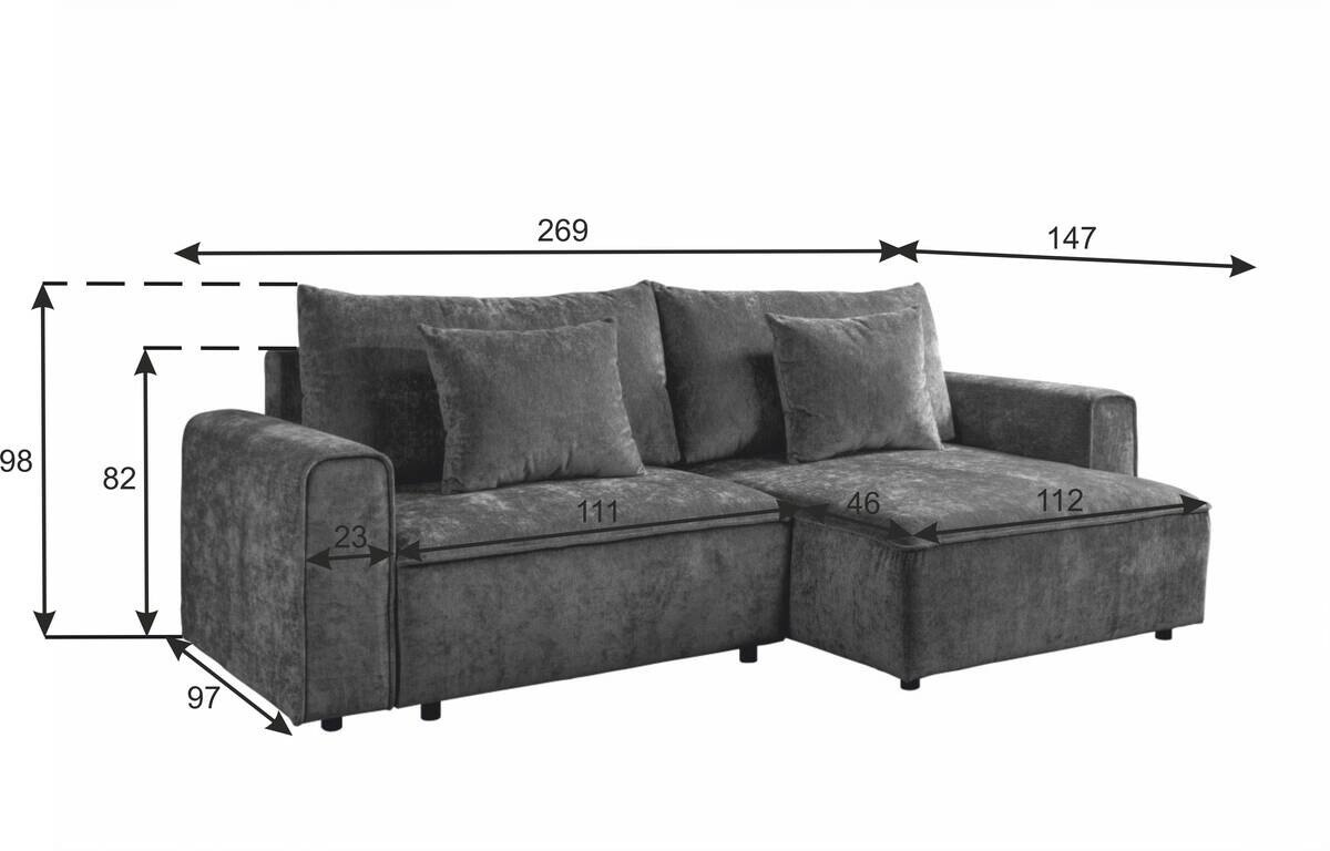 Ecksofa mit Bettfunktion und Bettkasten dunkelgrau Microfaser B/T: ca. 269x147 cm