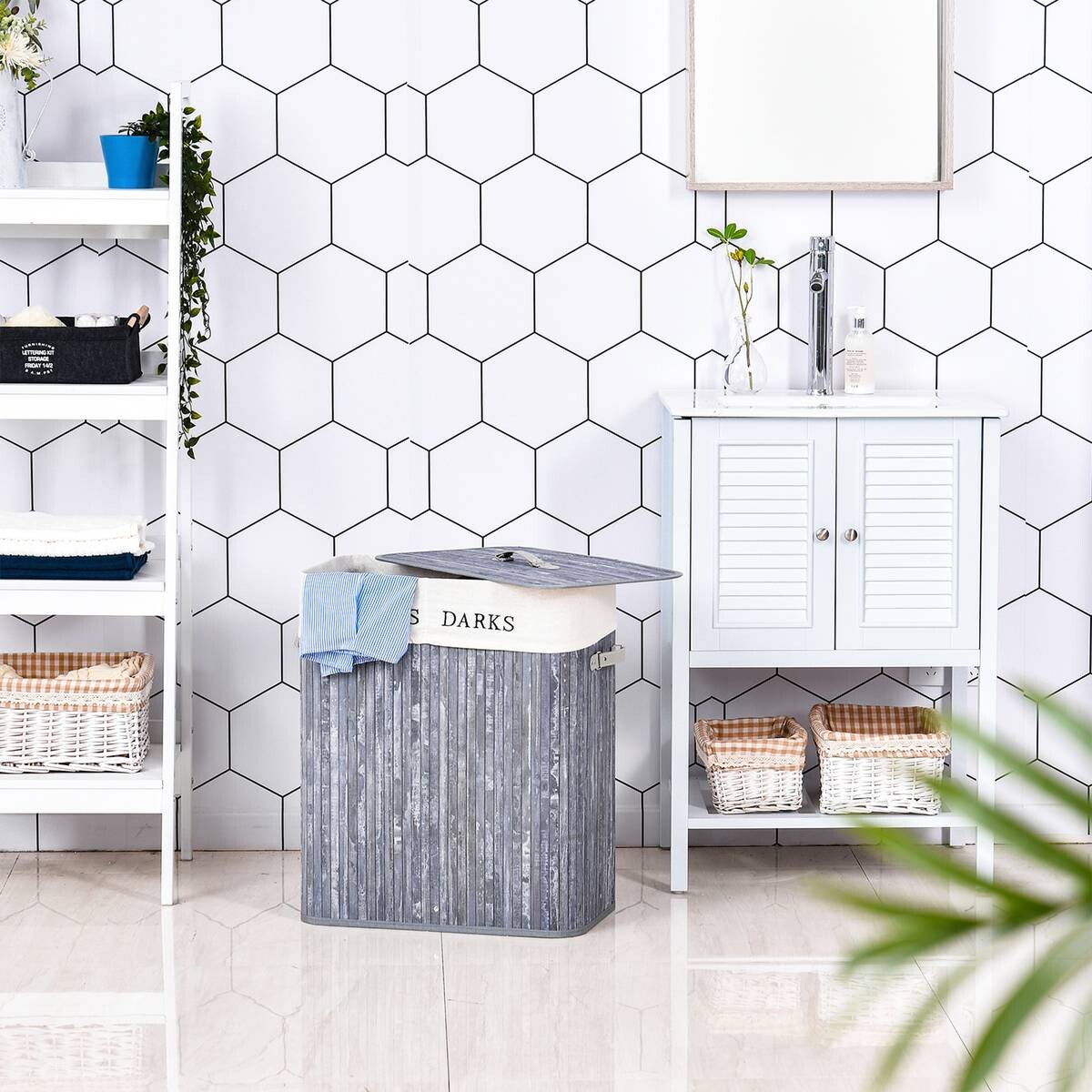 HOMCOM Wäschekorb mit 2 Tragegriffen grau Bambus Kunststoff B/H/L: ca. 32x63x52 cm