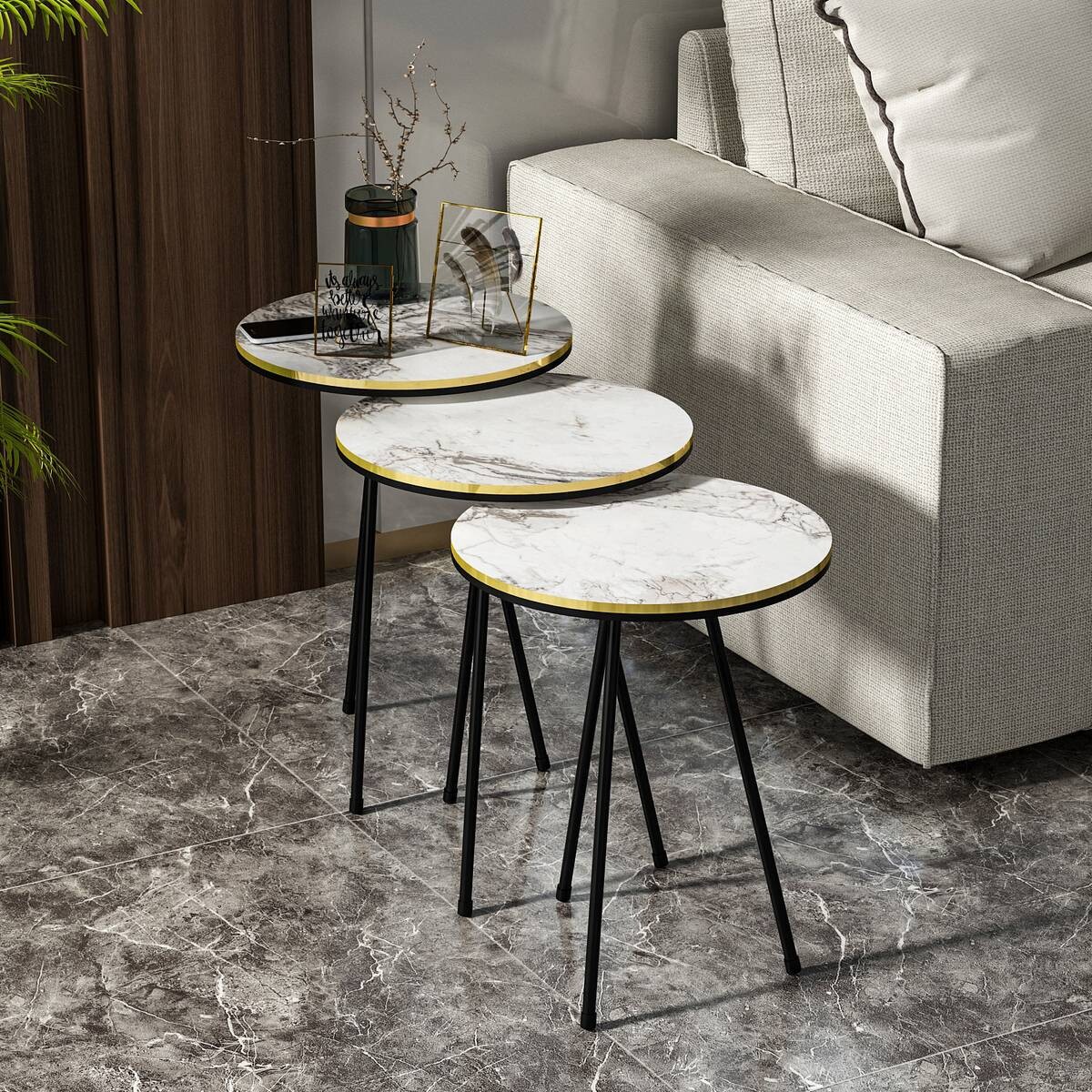 Beistelltisch 3er-Set. 21786245 weiß Marmor Optik schwarz Metall B/H/T: ca. 38x53,5x38 cm