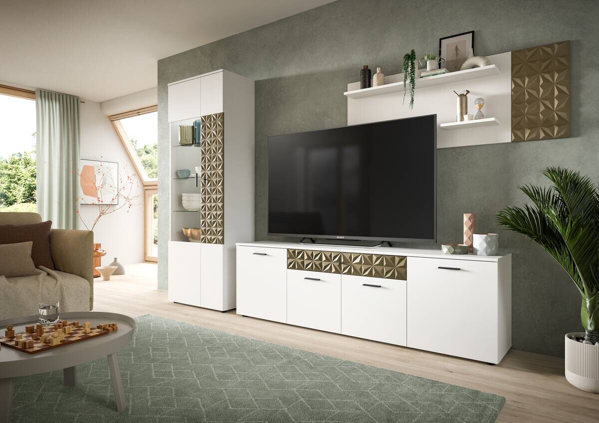 Vitrinenschrank Prisma weiß gold Optik B/H/T: ca. 70x195x37 cm