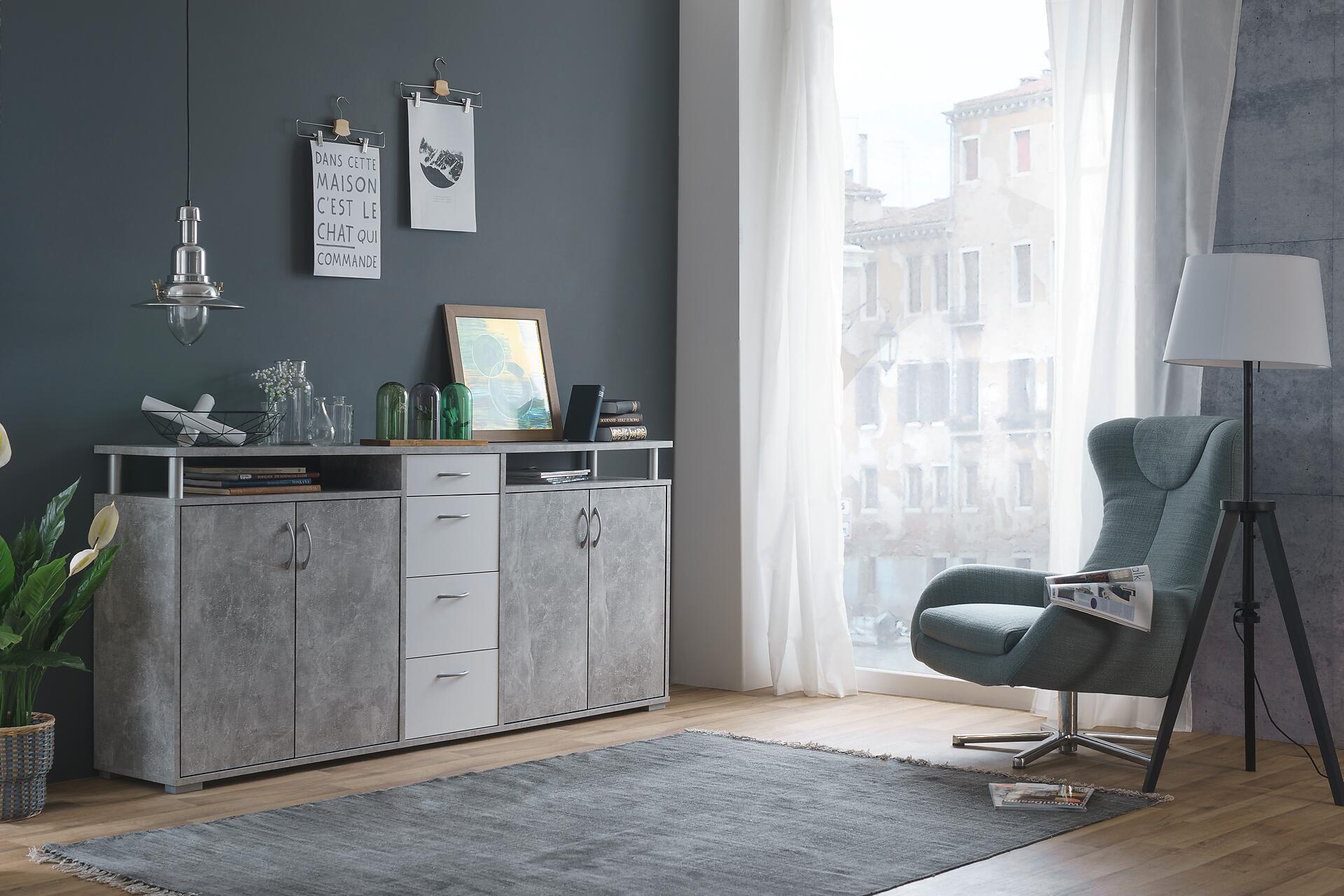 Sideboard Maximo Beton Optik weiß B/H/T: ca. 208x94x38 cm