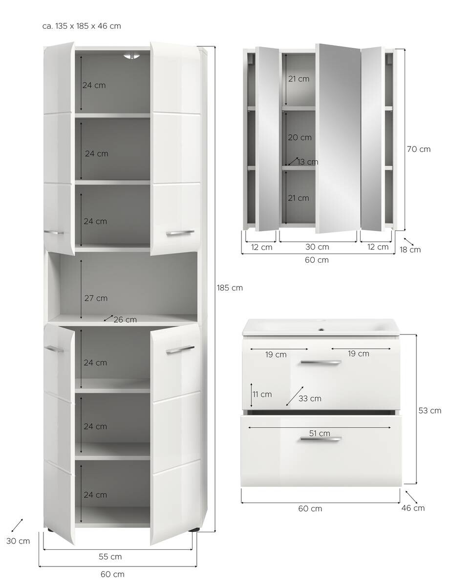Badezimmer-Set Ice weiß weiß Hochglanz B/H/T: ca. 135x185x46 cm