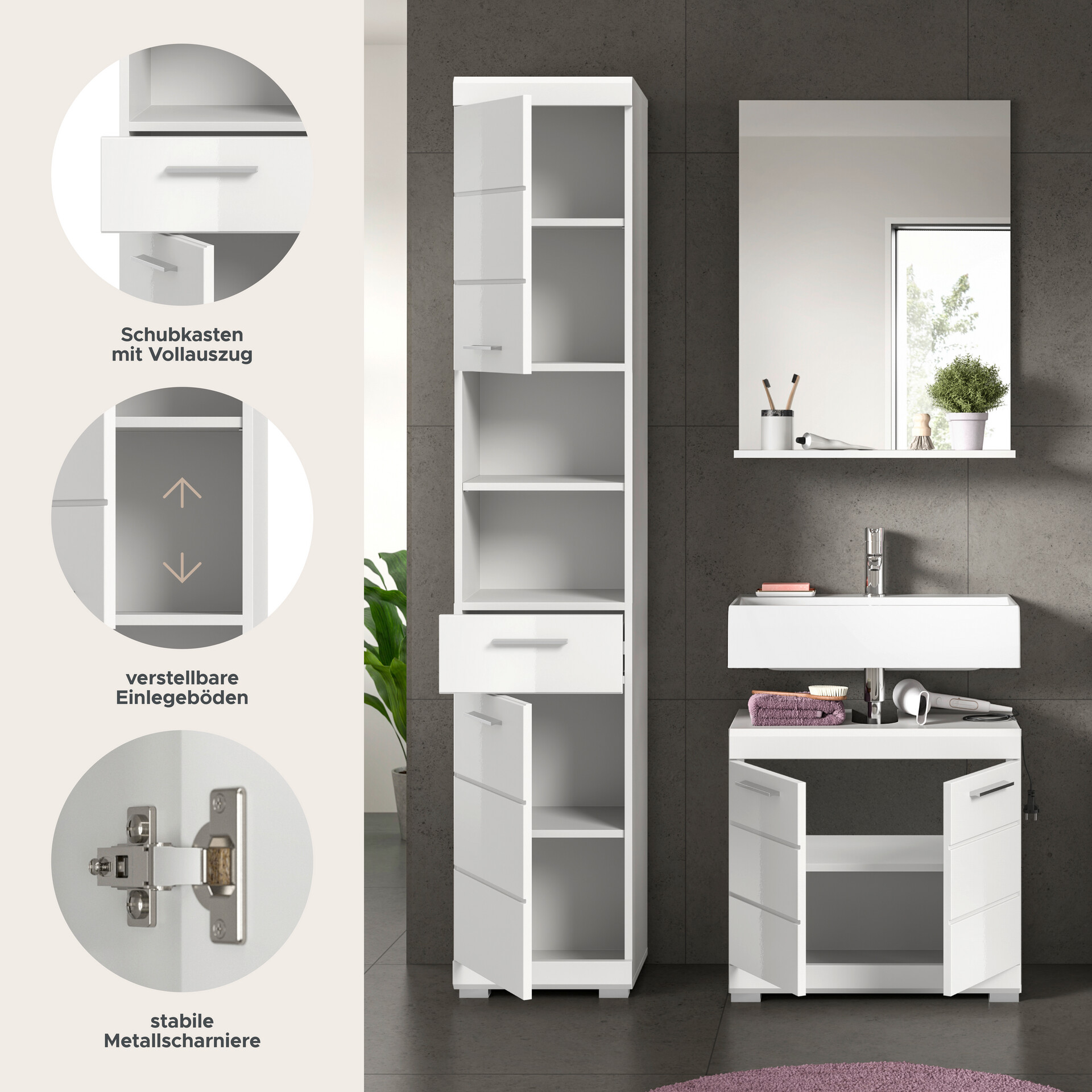 Badezimmer-Set Scout weiß weiß Hochglanz B/H/T: ca. 112x191x34 cm