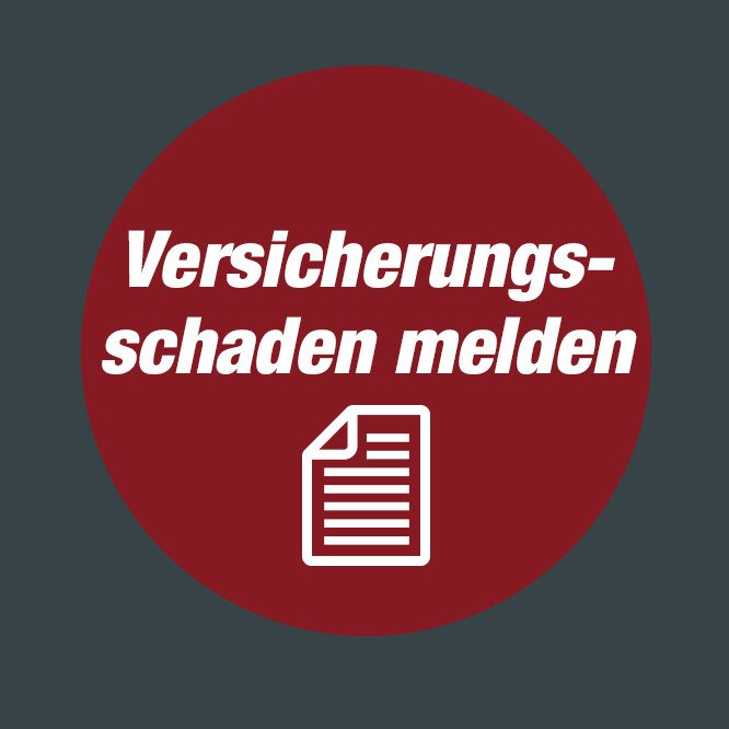 Rotes rundes Symbol mit weißer Schrift 'Versicherungsschaden melden' und einem weißen Dokument-Icon darunter