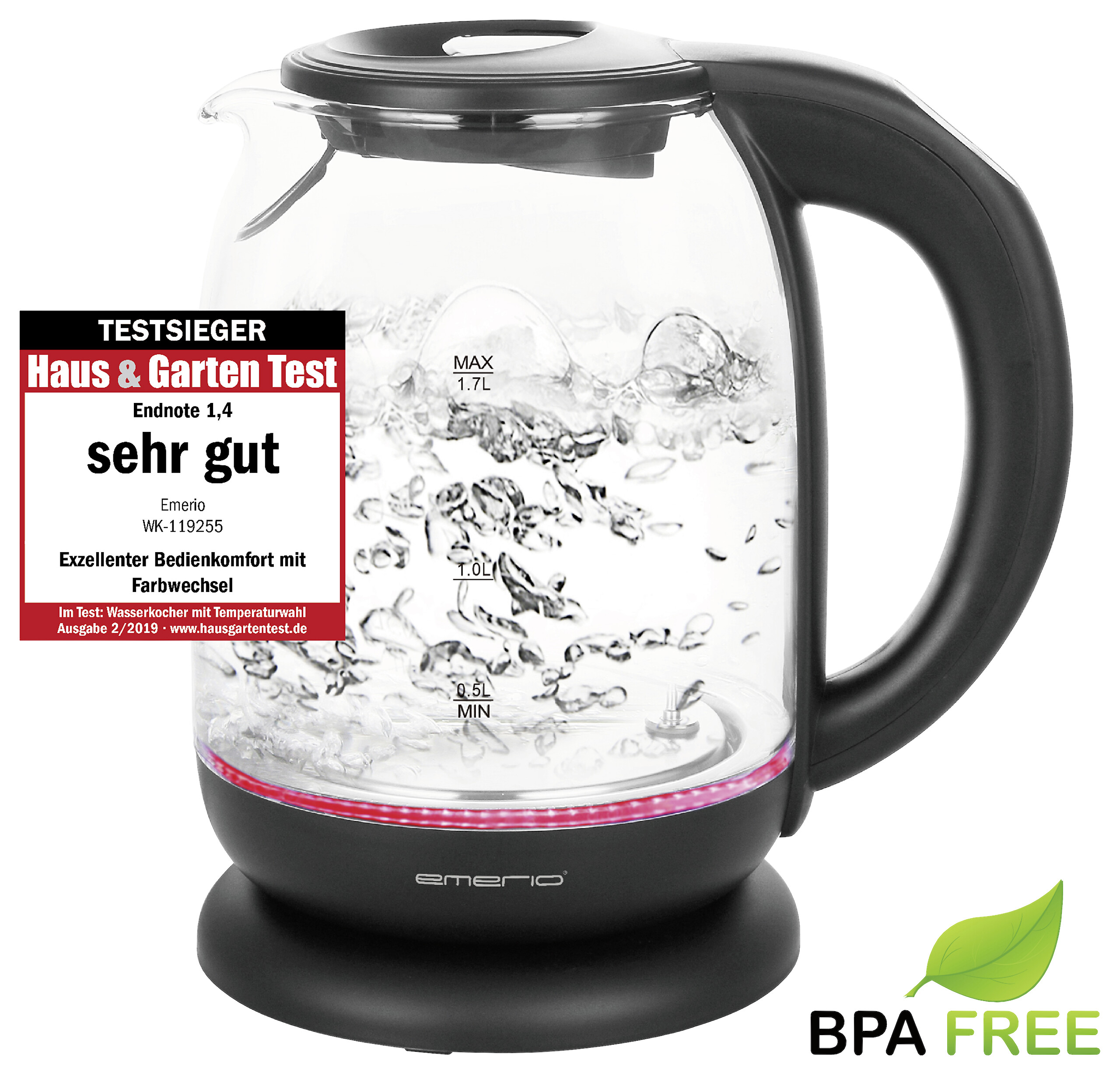 Emerio Glas-Wasserkocher WK-119255.5 schwarz Kunststoff H: ca. 25 cm ca. 1,7 l