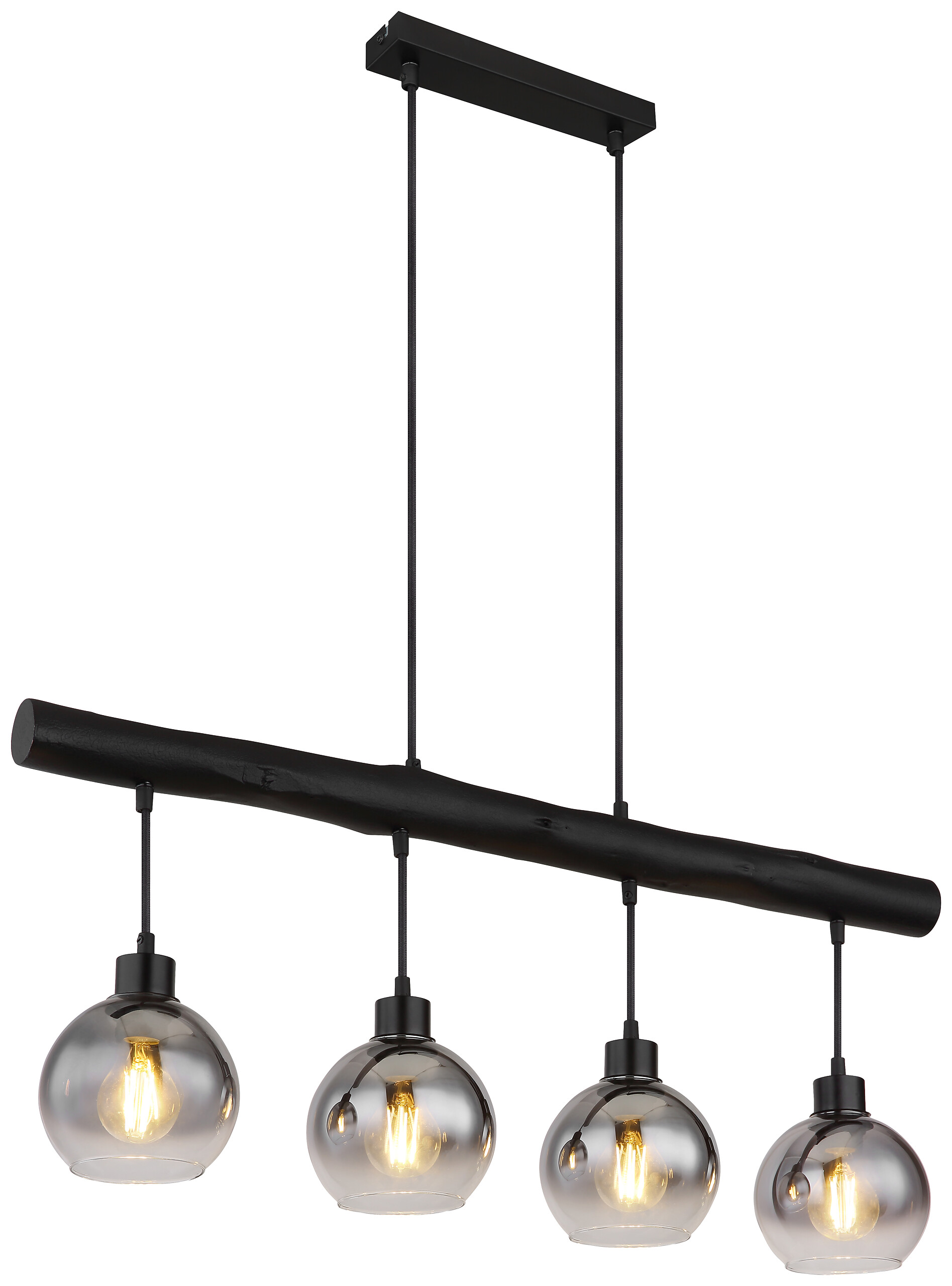 GLOBO Pendelleuchte 15656-4HB schwarz klar Rauch Metall Glas Holz B/H/L: ca. 15x120x85 cm E27 1 Brennstellen