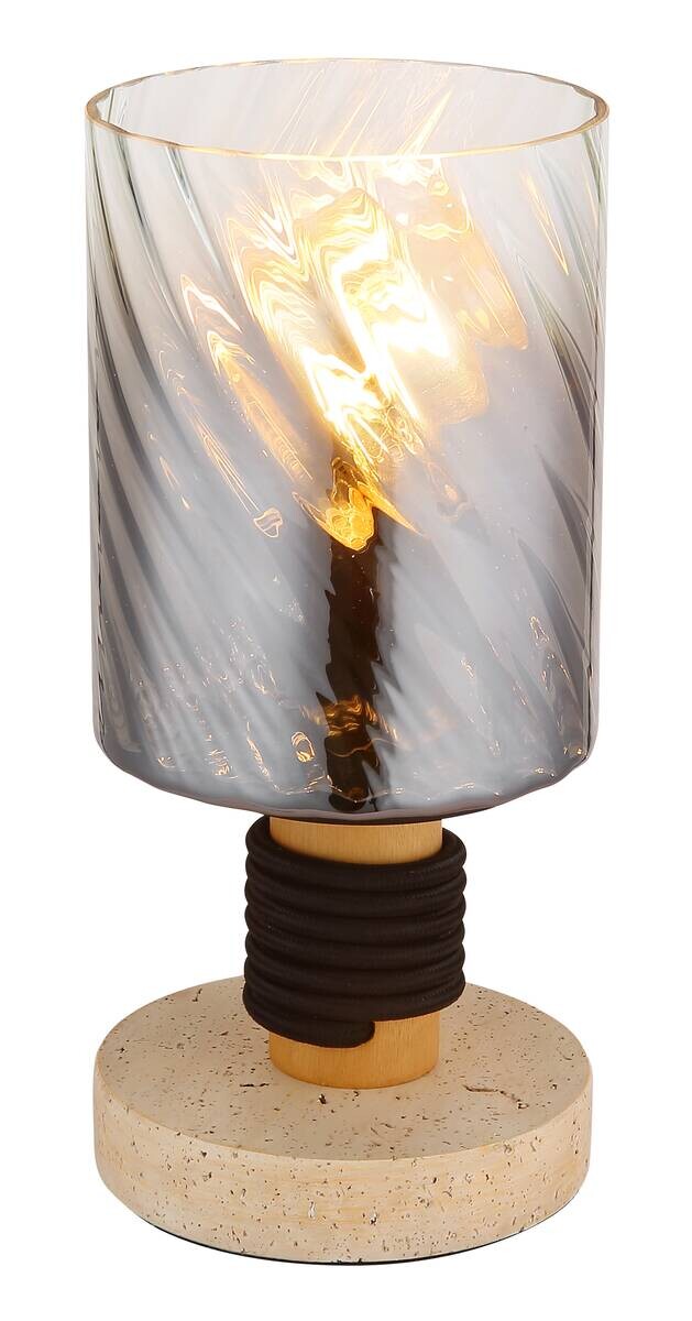 GLOBO Tischleuchte travertinbraun Rauch Glas Holz Beton H/D: ca. 25,4x12 cm E27 1 Brennstellen