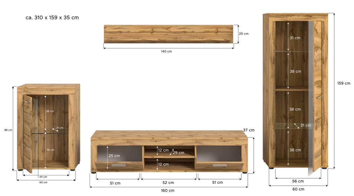 Wohnwand Jam Eiche Wotan Nachbildung B/H/T: ca. 310x169x35 cm
