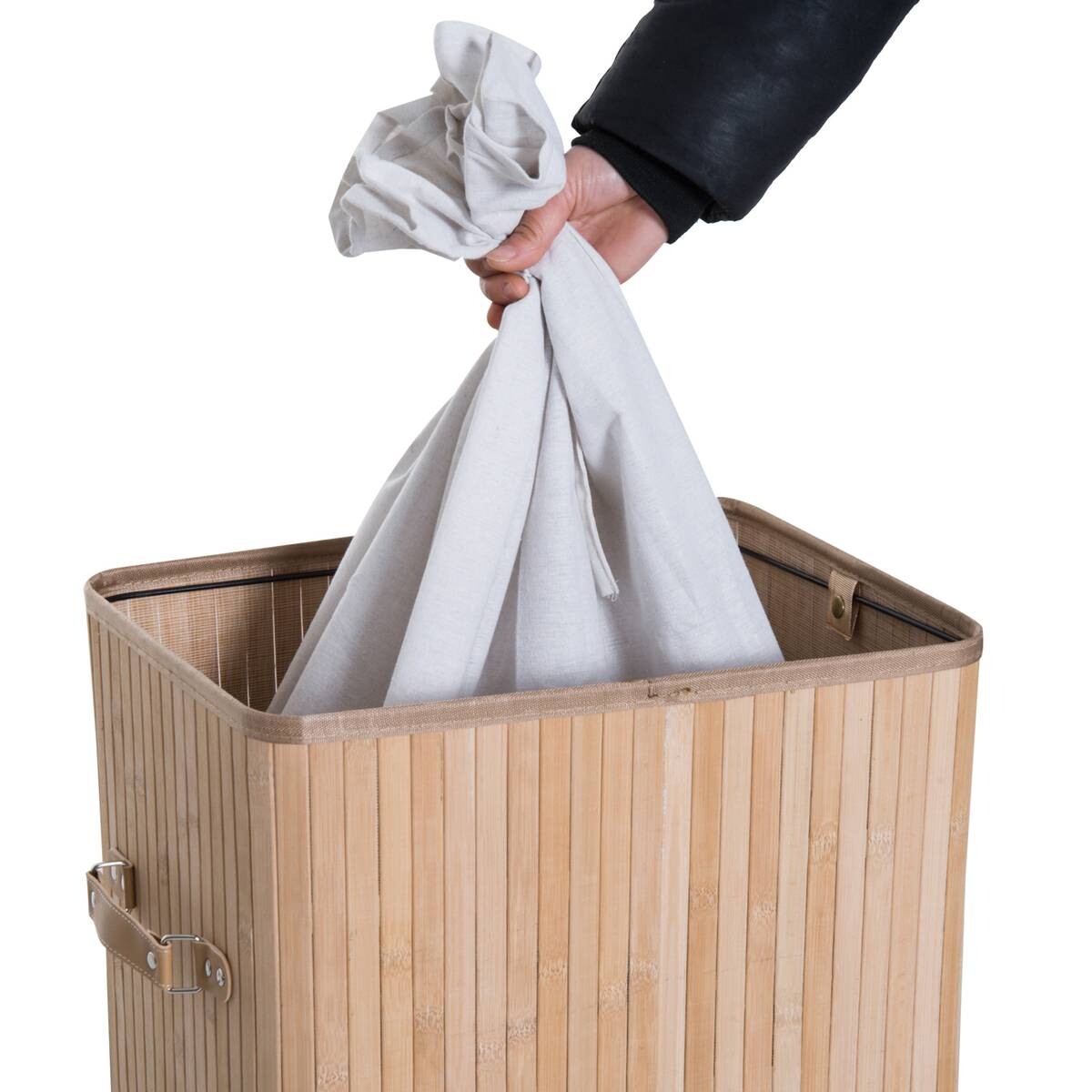 HOMCOM Wäschekorb mit 2 Tragegriffen natur Bambus Stoff Kunststoff B/H/L: ca. 30x60x40 cm