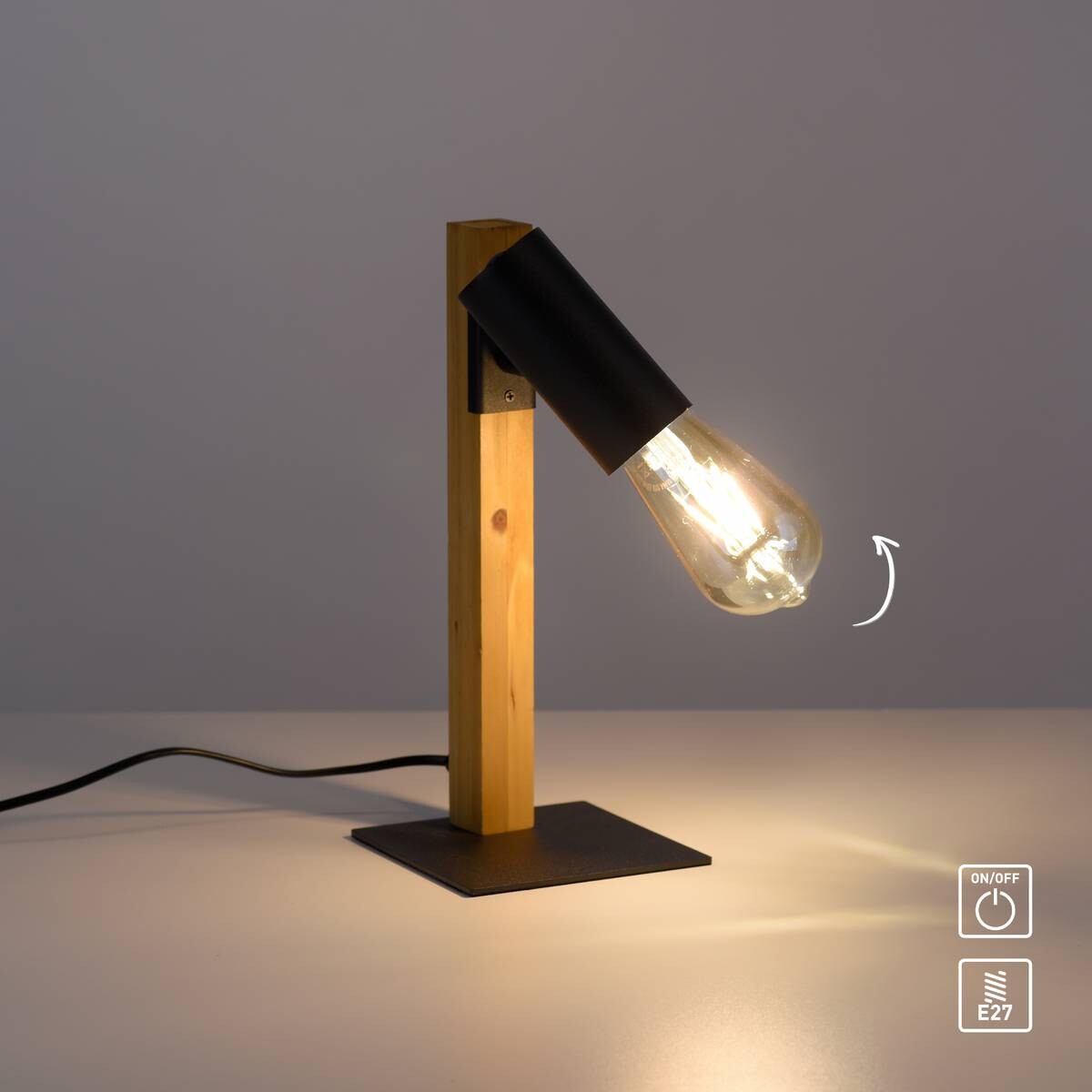 Just Light Tischleuchte PILON 15164-18 natur schwarz Holz Metall B/H/T: ca. 13x32,5x13,5 cm E27 1 Brennstellen