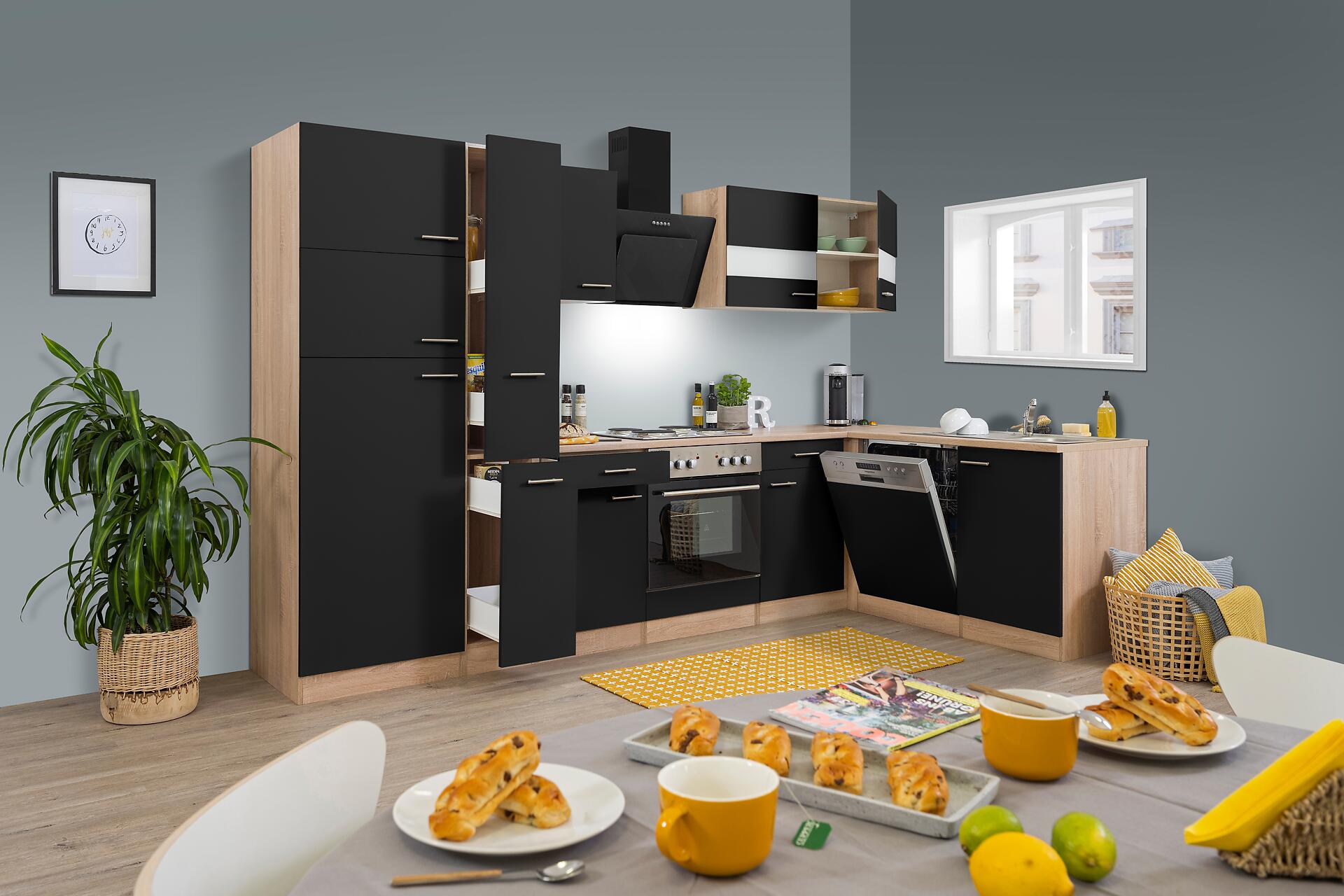 Respekta Winkelküche Economy schwarz matt B/H/T: ca. 310x200x172 cm