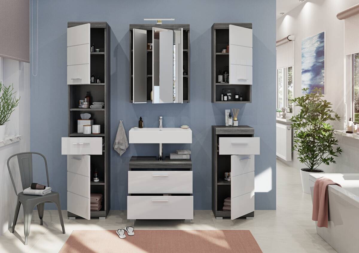 Badezimmer-Set Scout Rauchsilber Nachbildung weiß Hochglanz B/H/T: ca. 60x191x34 cm