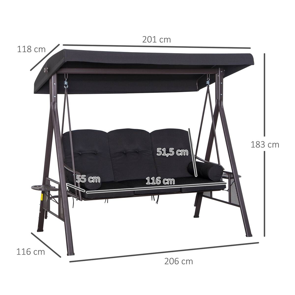 Outsunny Hollywoodschaukel schwarz Metall B/H/L: ca. 116x183x206 cm