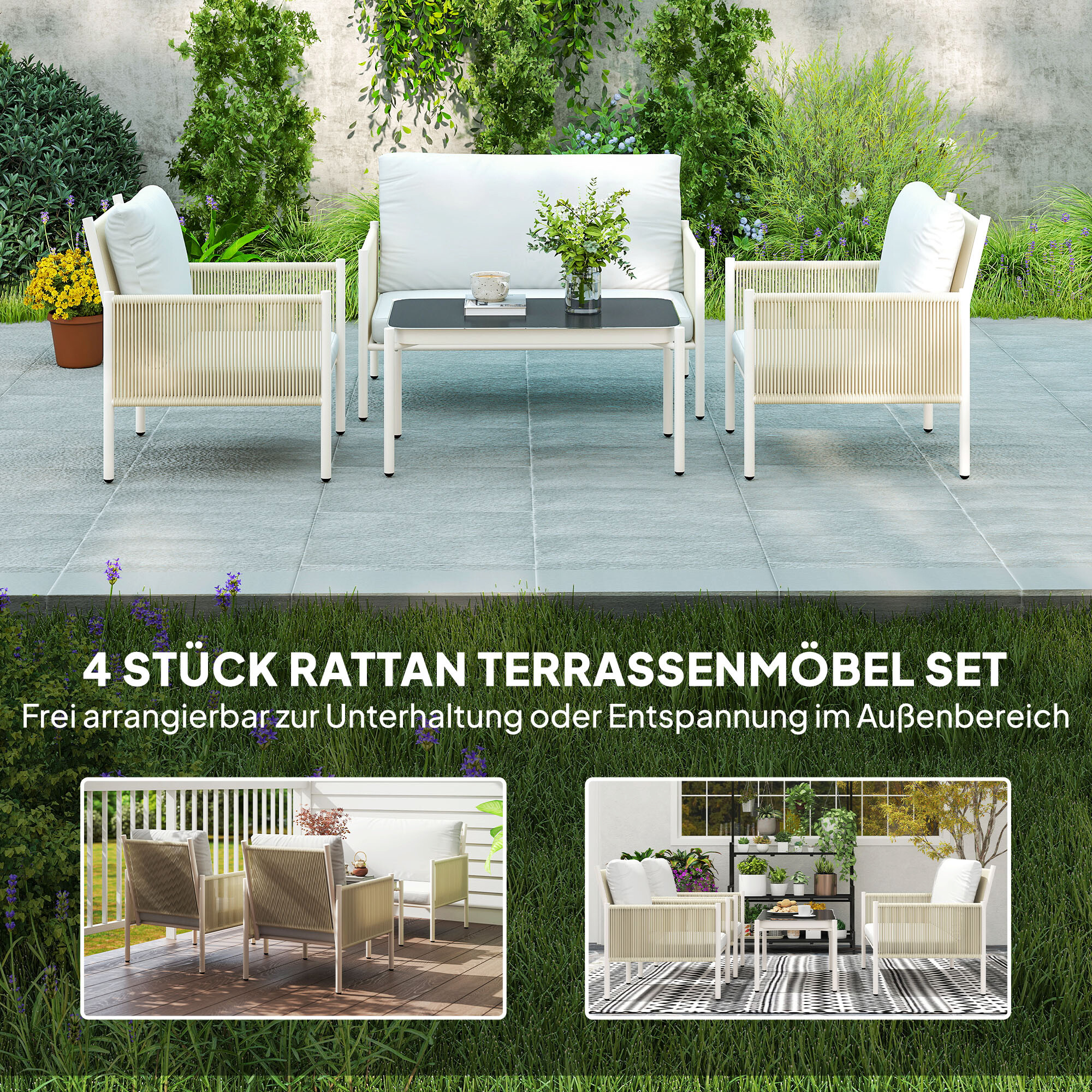 Outsunny Rattan Gartenmöbel-Set hellgrau Stahl B/H/L: ca. 68x82x116 cm