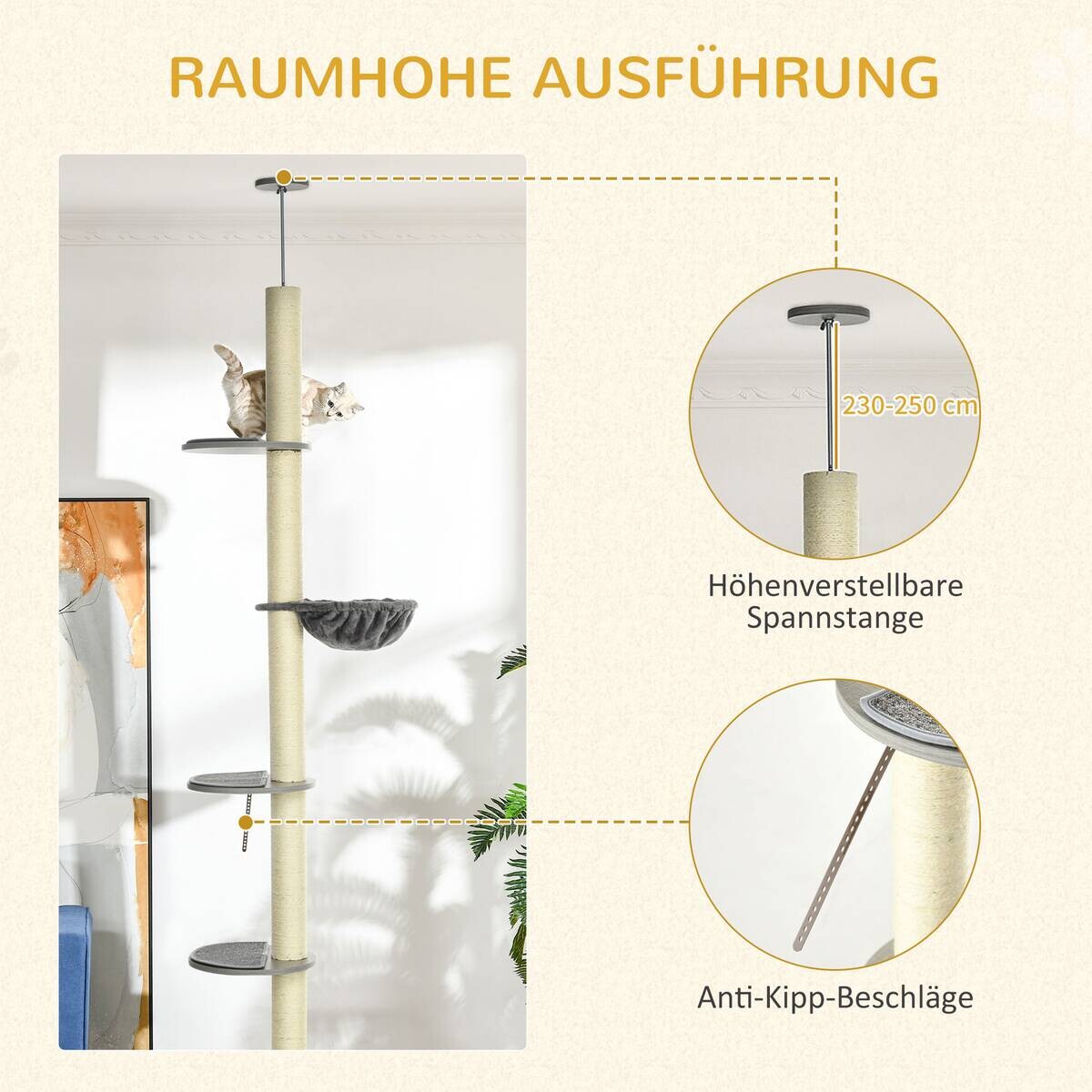 PawHut Kratzbaum grau Spanplatte B/H/L: ca. 40x40x250 cm