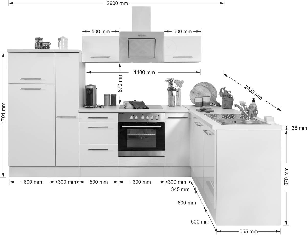 Respekta Winkelküche Amanda weiß Hochglanz B/T/L: ca. 290x60x200 cm