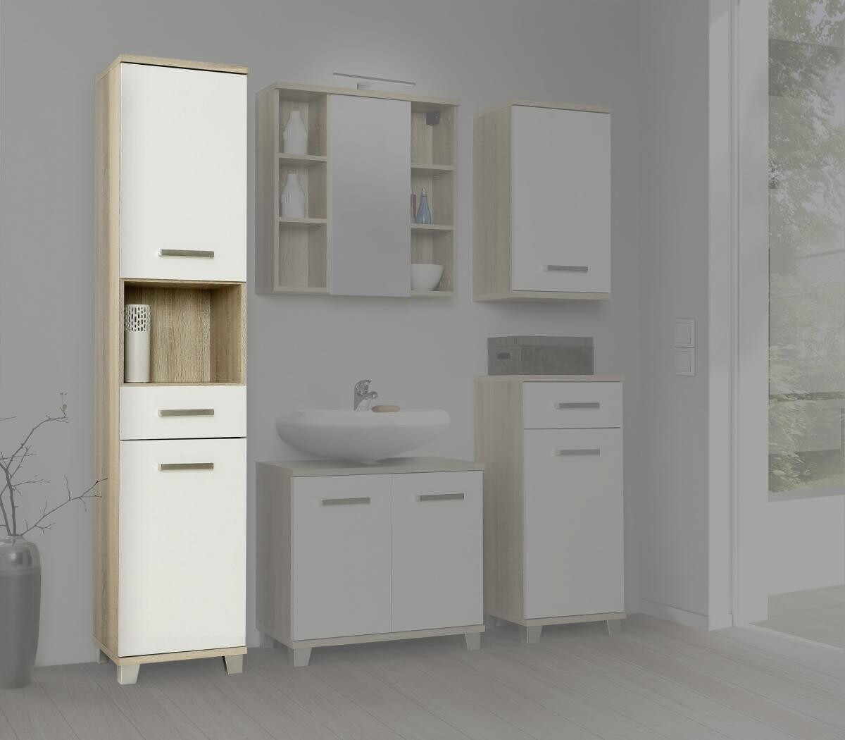 Badhochschrank Eiche Sonoma Nachbildung weiß B/H/T: ca. 40,2x186,8x34,8 cm