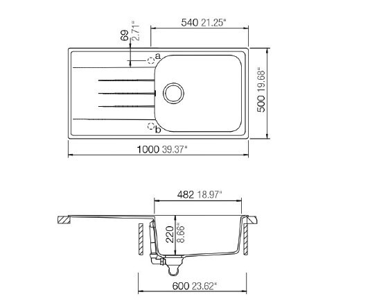 Respekta Einbauspüle Orlando 100 x 50 S schwarz Granitverbundmaterial B/H/T: ca. 100x22,5x50 cm