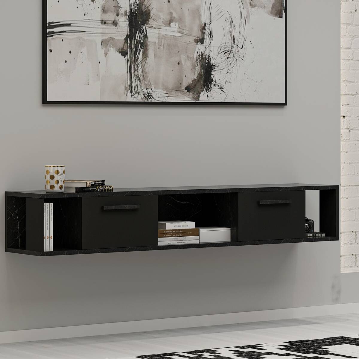 TV-Lowboard Aldora schwarz Marmoroptik B/H/T: ca. 160x30x30 cm