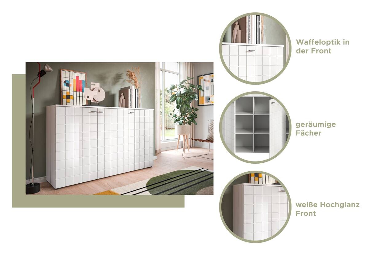 Sideboard Monte weiß weiß Hochglanz B/H/T: ca. 138x86x37 cm