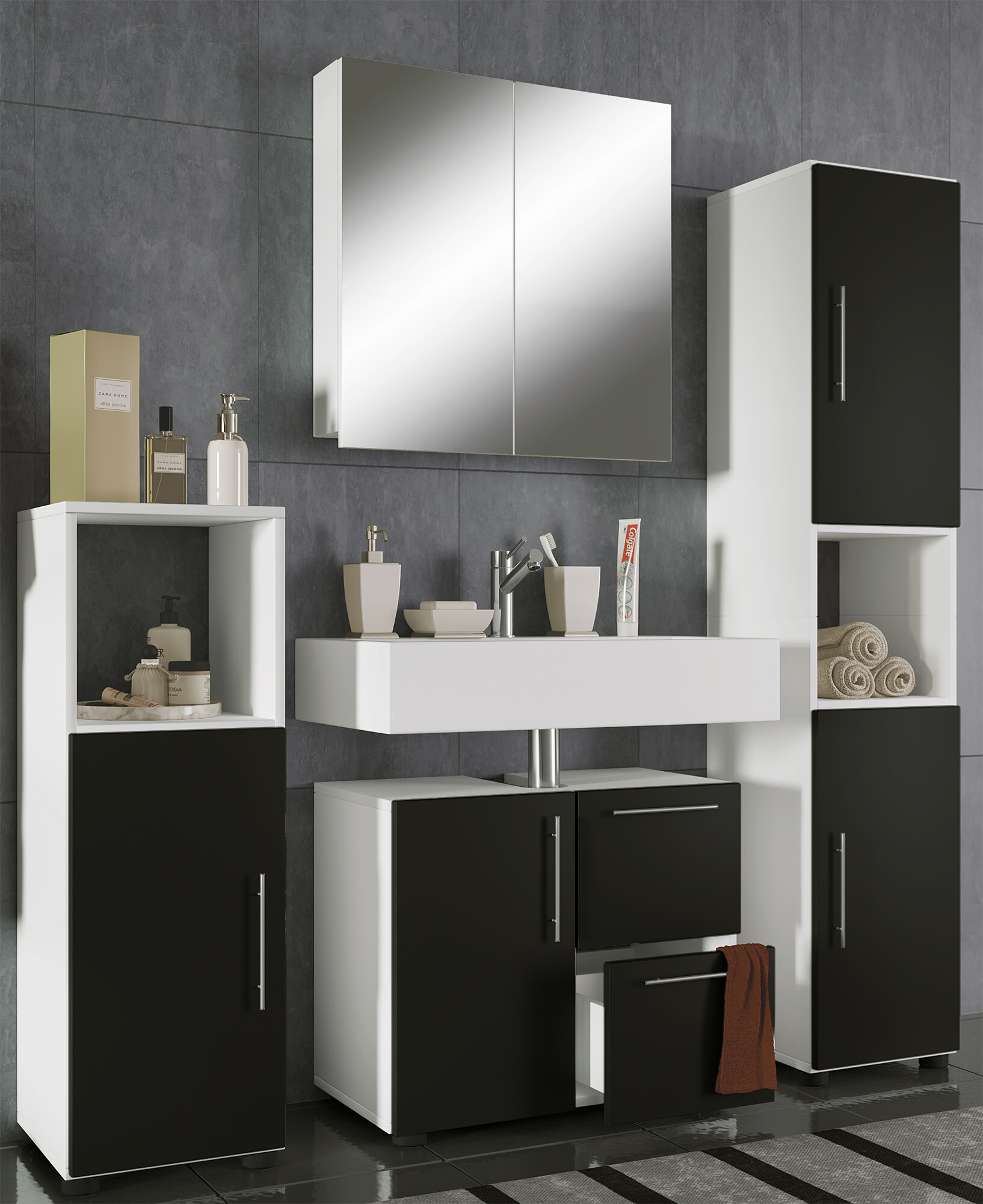 Badezimmer-Set Flandu weiß schwarz B/H/T: ca. 123x160x32 cm