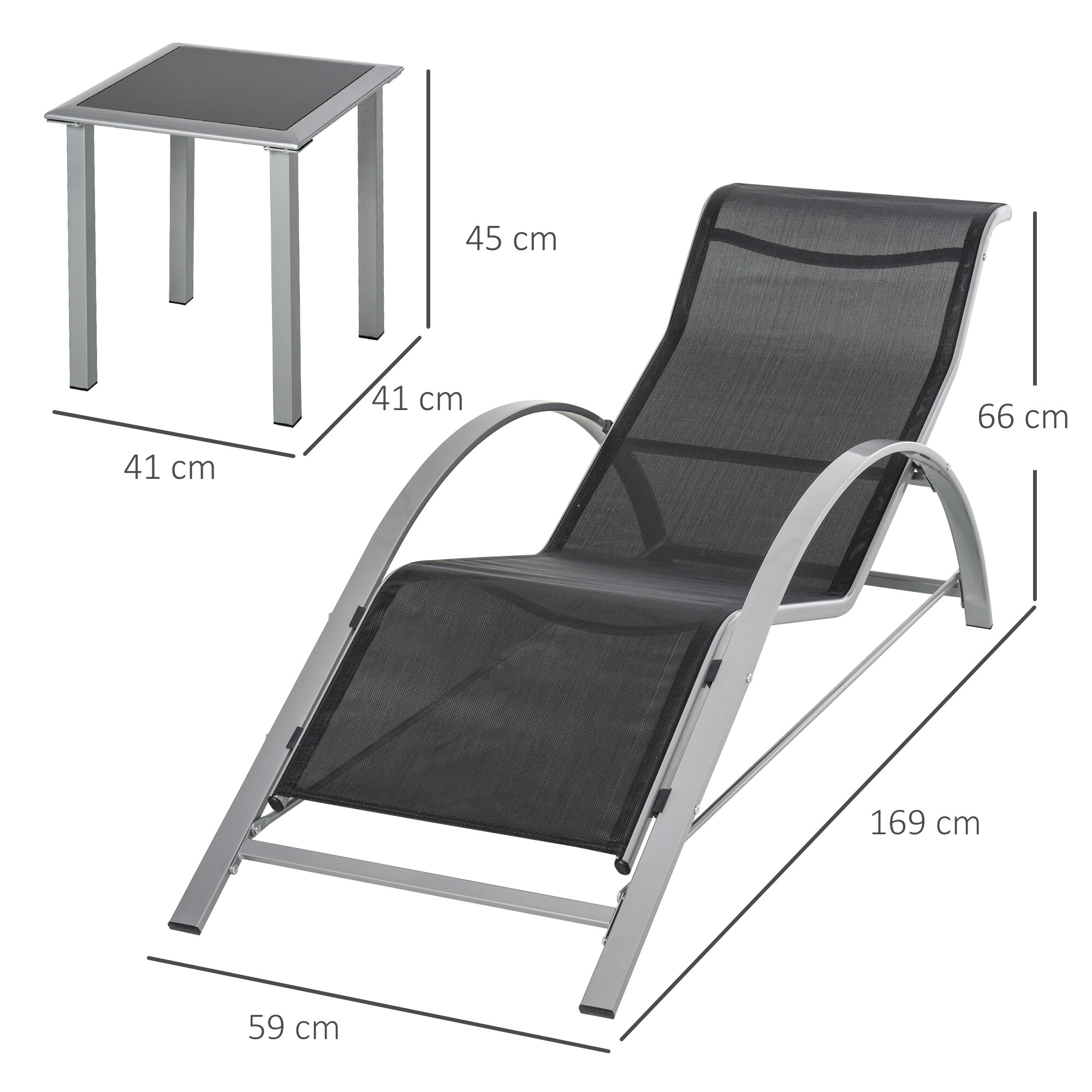 Outsunny Gartenliege-Set mit Tisch schwarz Metall B/H/T: ca. 59x66x169 cm
