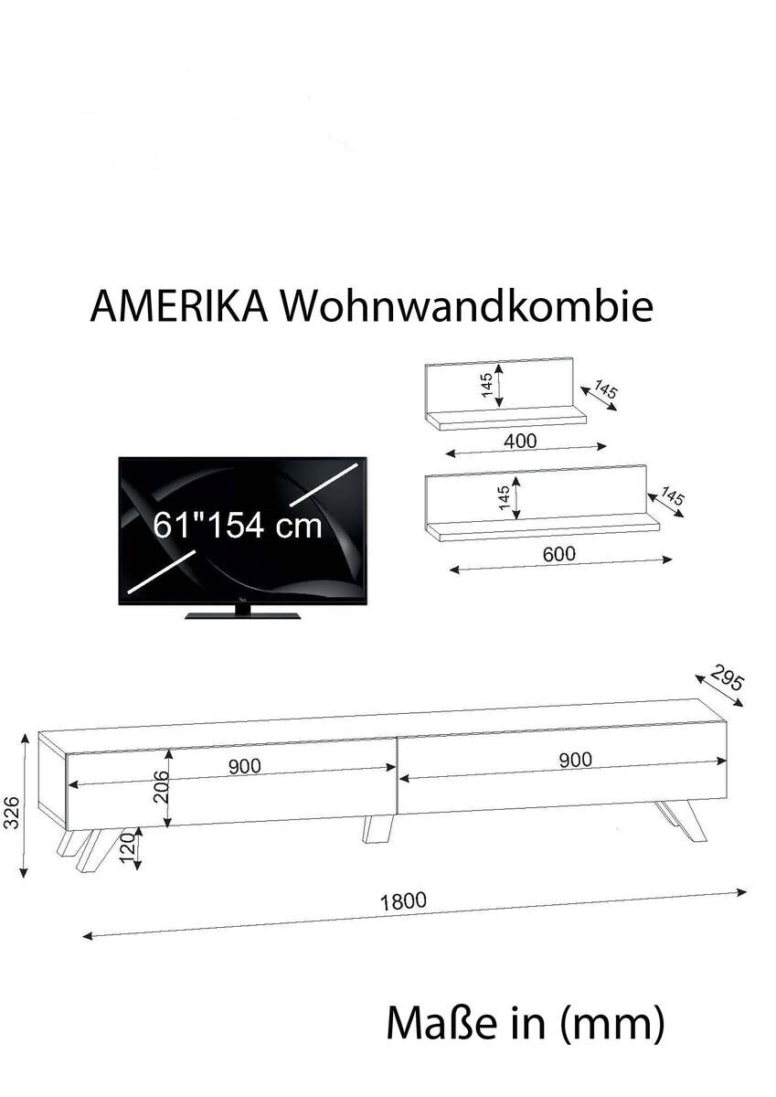 Wohnwand Amerika weiß walnuss Nachbildung B/H/T: ca. 180x32x29 cm