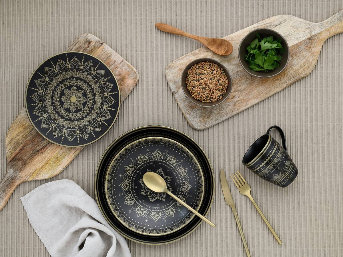 CreaTable Kombiservice MANDALA GOLD schwarz Steinzeug 16 tlg.