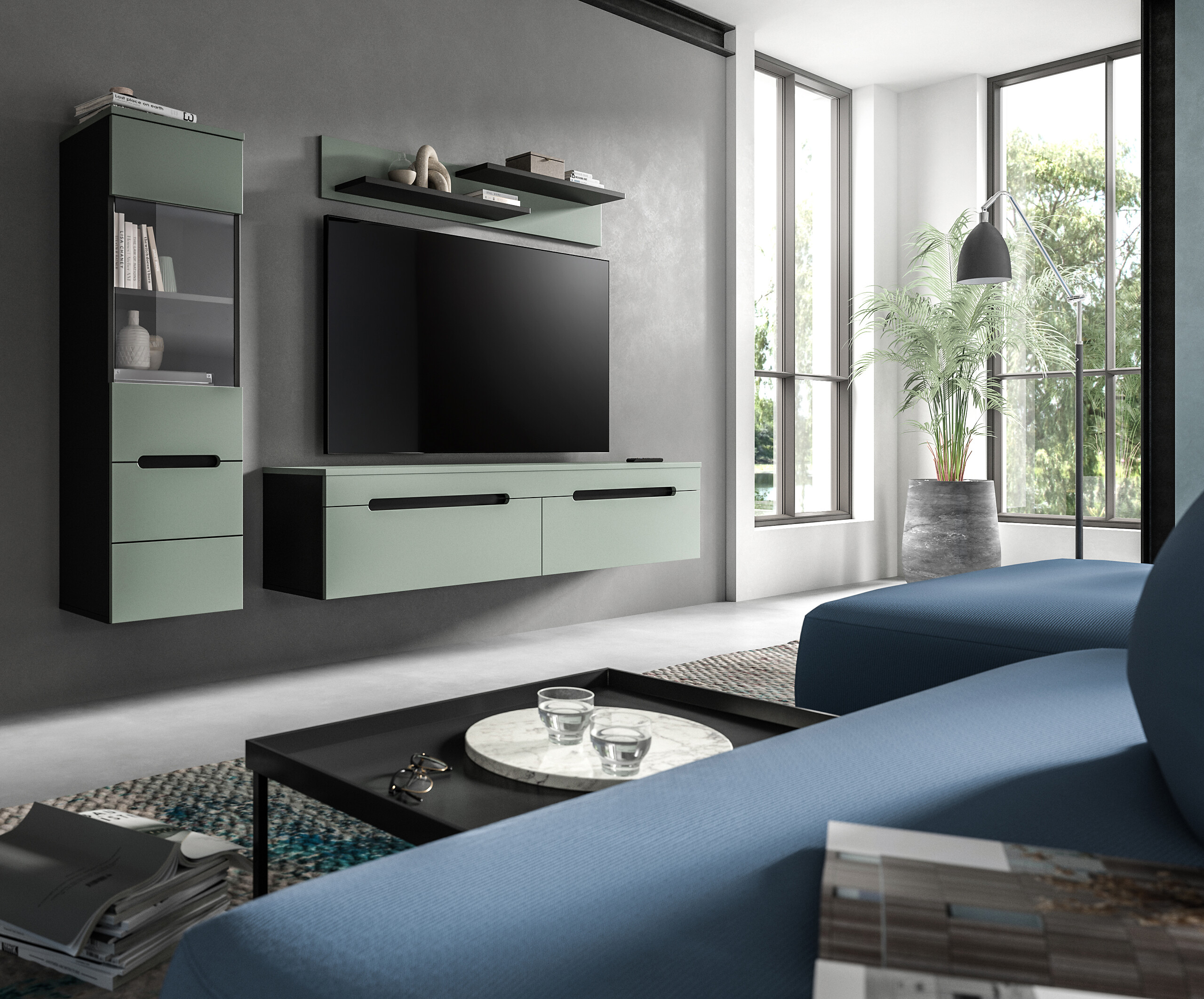 Wohnwand Canu grün basaltgrau Nachbildung B/H/T: ca. 221x141x33 cm Wohnwand Canu grün basaltgrau Nachbildung B/H/T: ca. 221x141x33 cm