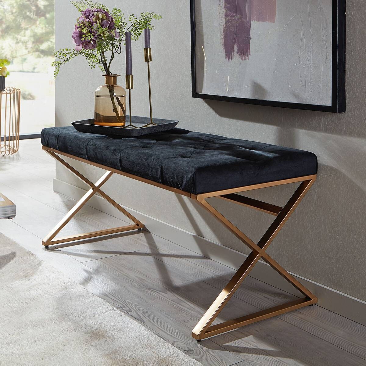 Sitzbank schwarz gold lackiert Edelstahl Samt B/H/T: ca. 90x46x44 cm