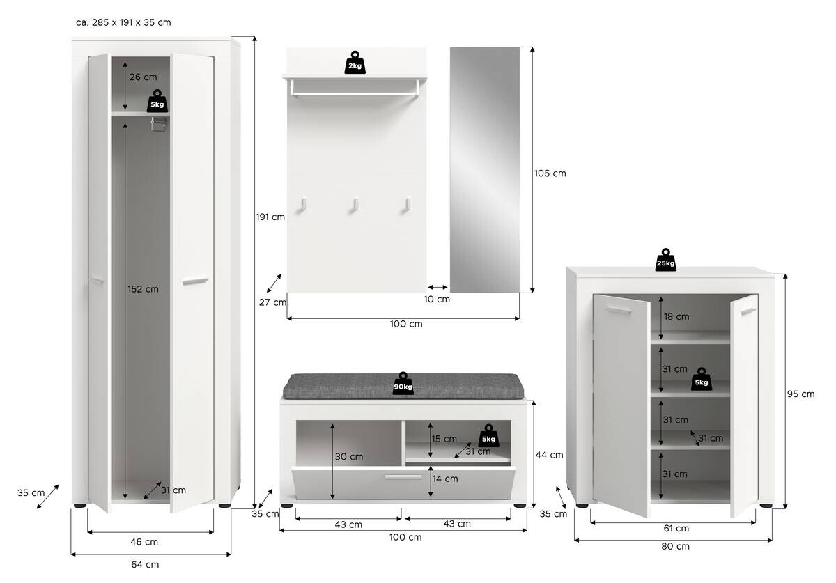 Garderobe JAM weiß B/H/T: ca. 285x191x35 cm