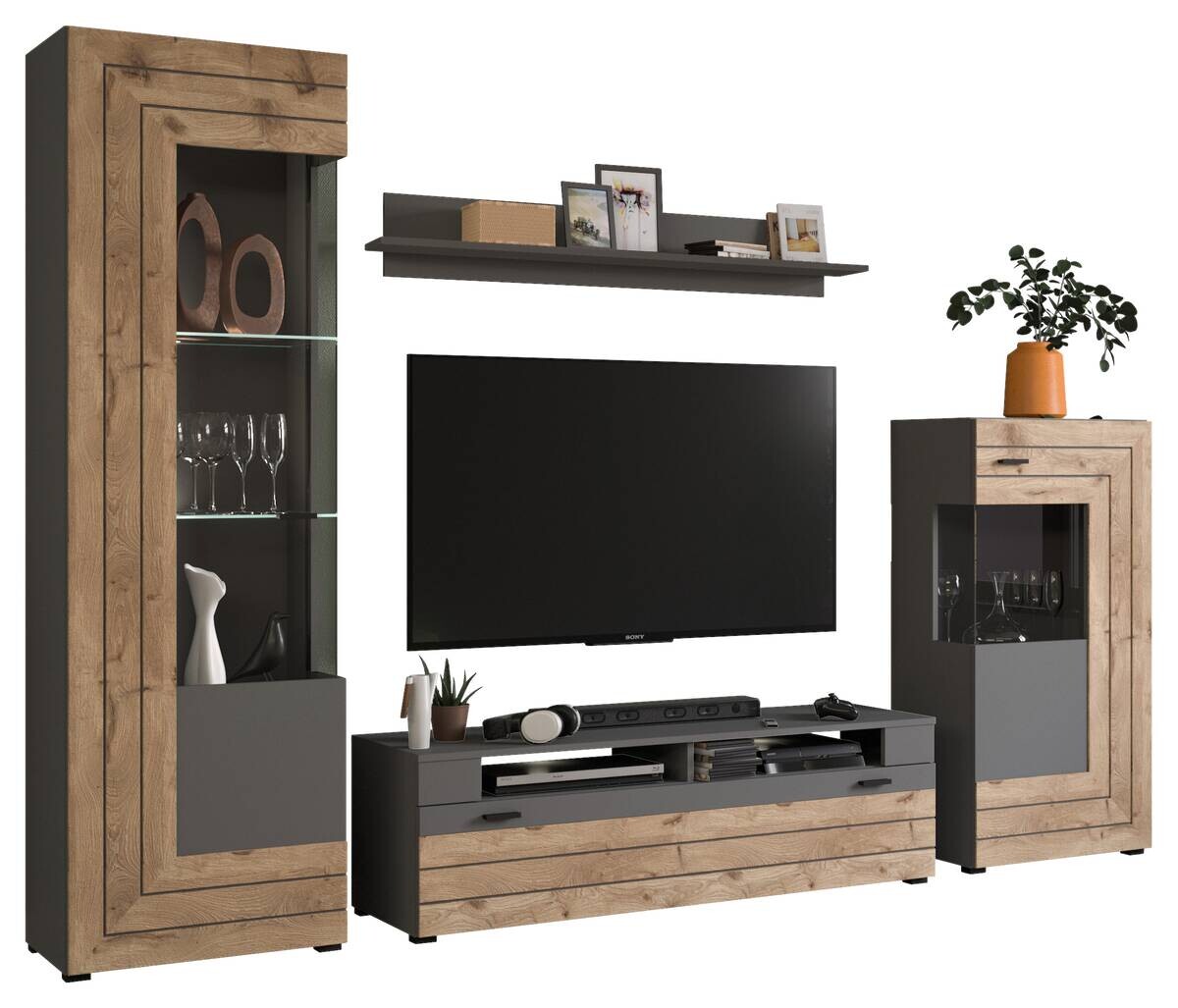 Wohnwand Freno grau matt Eiche Nox Oak Nachbildung B/H/T: ca. 290x194x40 cm