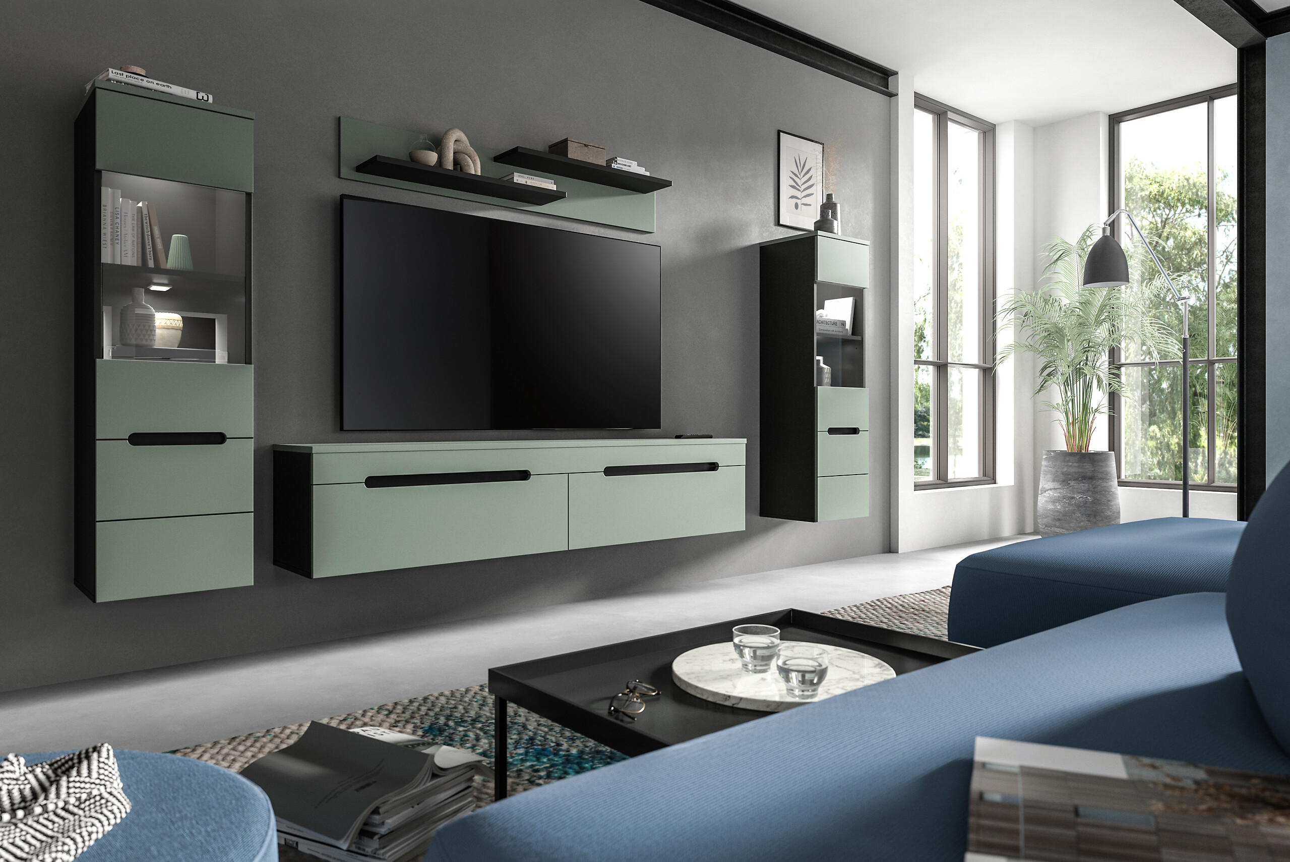 Wohnwand Canu grün basaltgrau Nachbildung B/H/T: ca. 272x141x33 cm